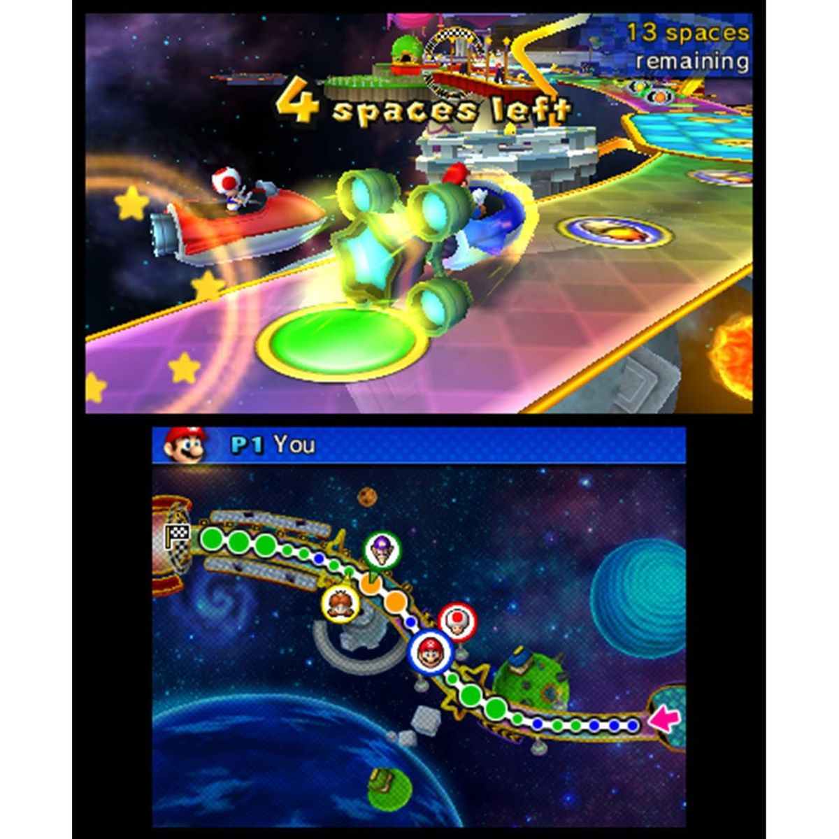 Schermo di videogioco che mostra un livello spaziale in Mario Party, con dettagli di gioco.