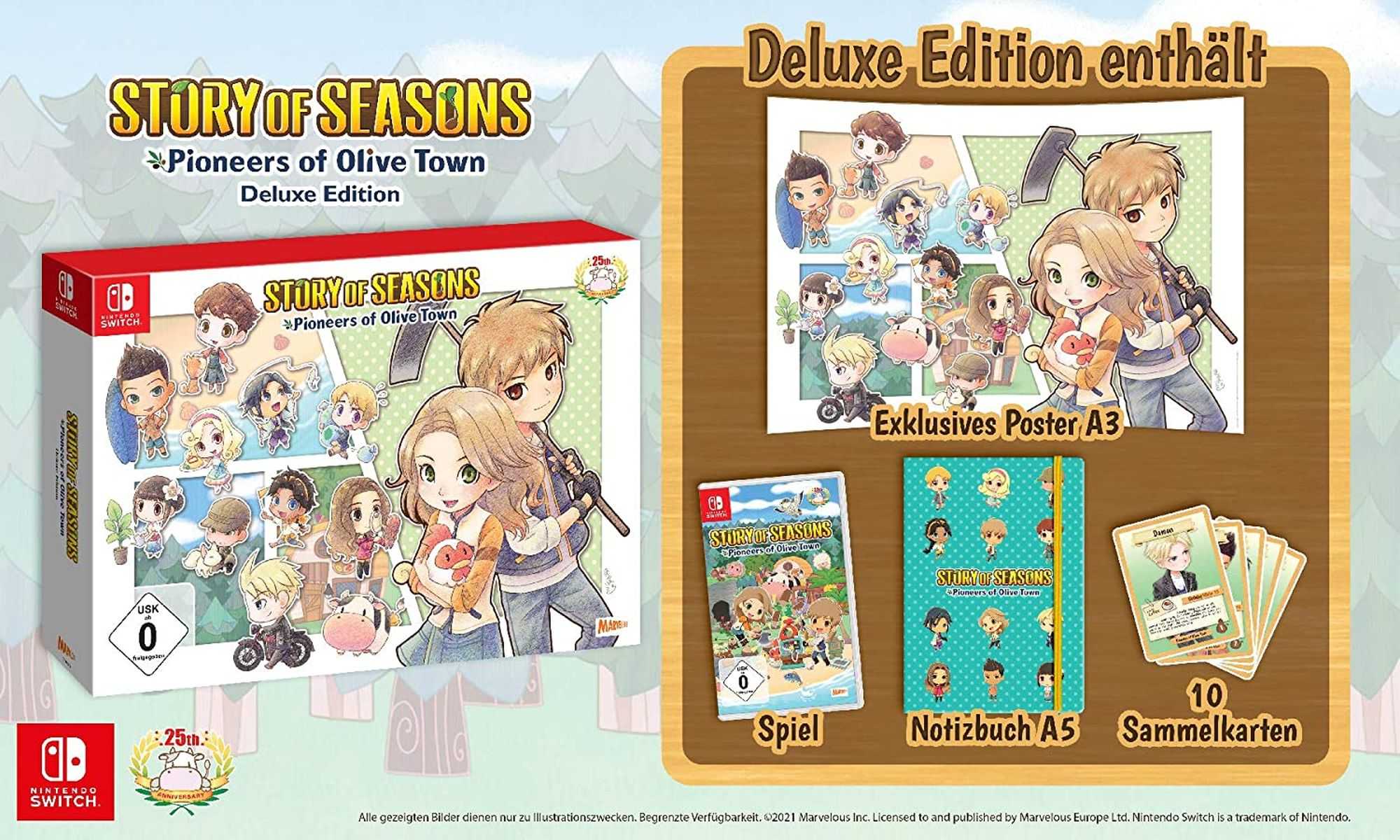 Story of Seasons Spielbox, mit Spiel, Poster, Notizbuch und Karten.