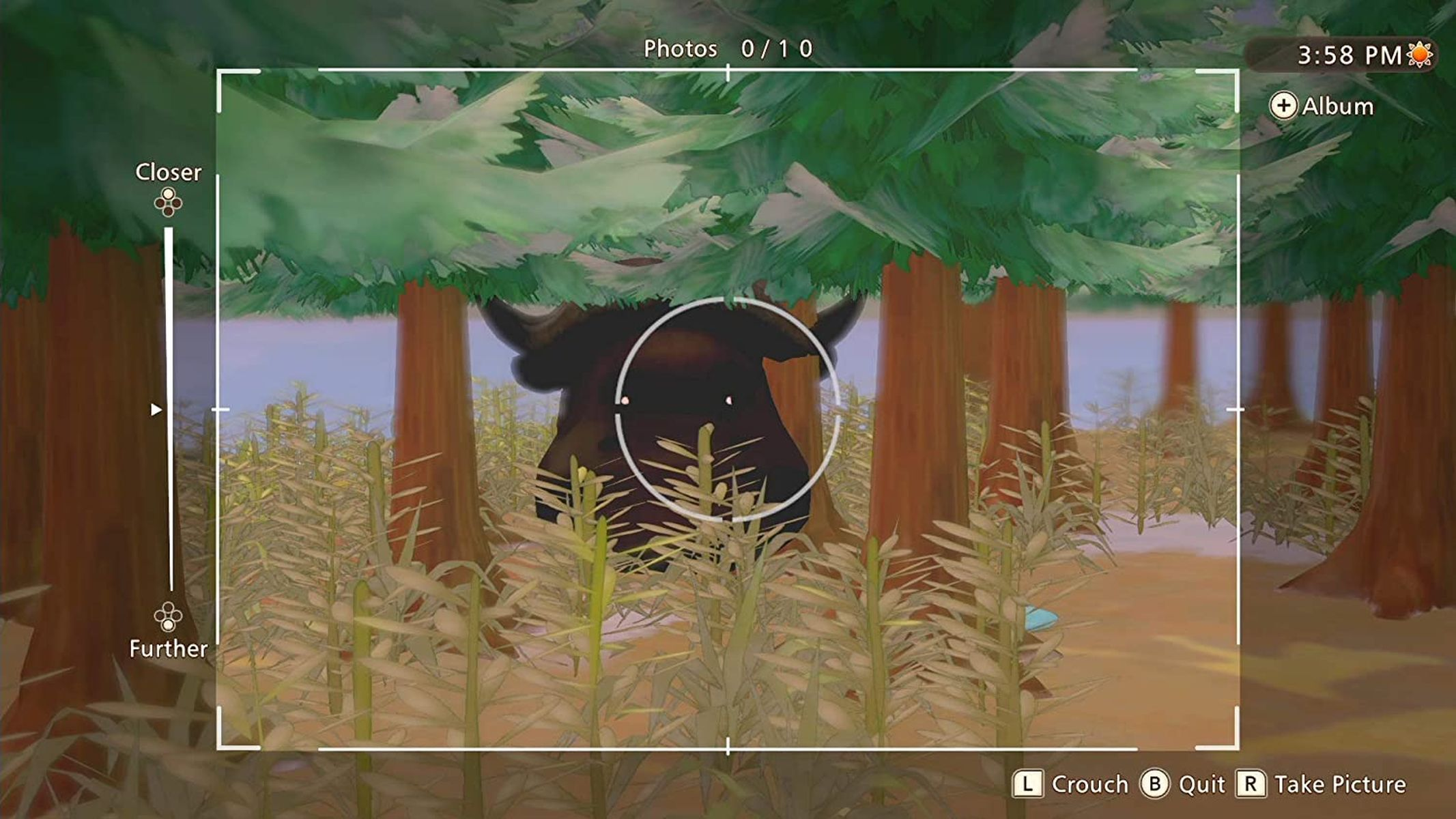 Ein Screenshot eines Spiels. Die Ansicht ist ein Wald mit einem Yak in der Mitte.