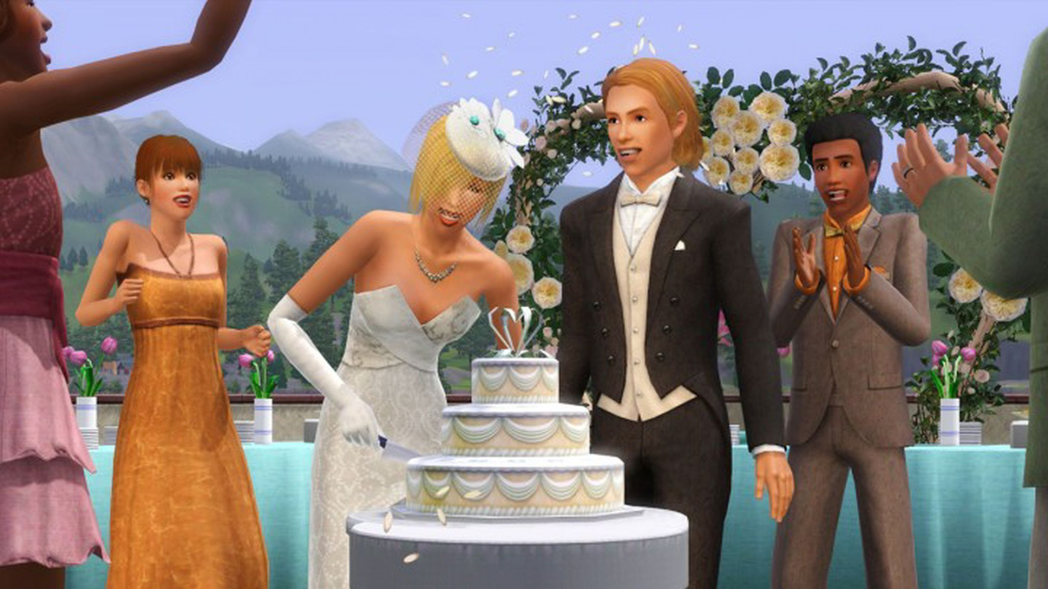 Hochzeitsszene aus einem Videospiel. Braut und Bräutigam schneiden eine Torte, umgeben von Gästen, in einer lebendigen Umgebung.