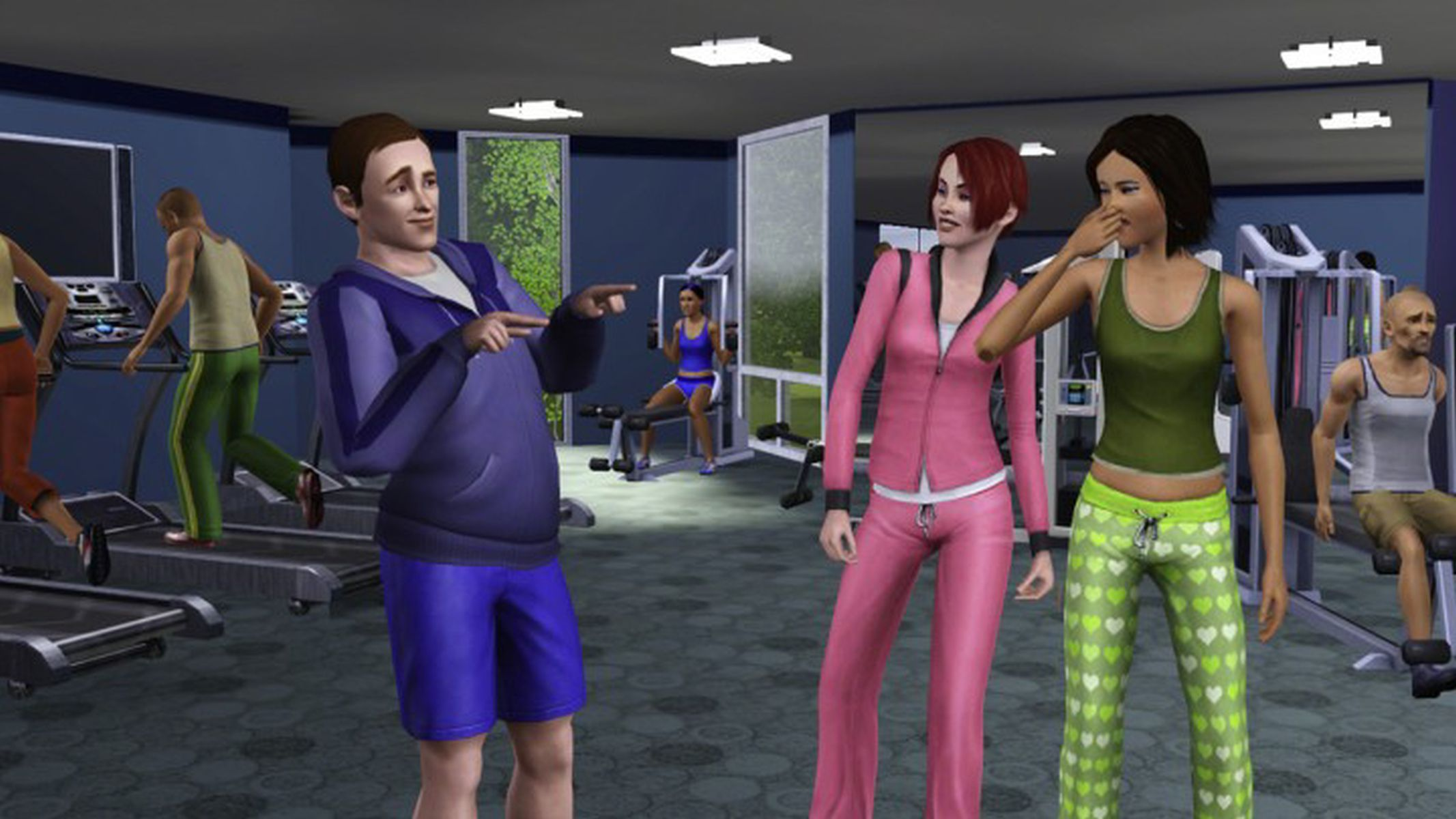 Charaktere in einer Gym-Szene aus Die Sims 3. Leute trainieren und interagieren miteinander.