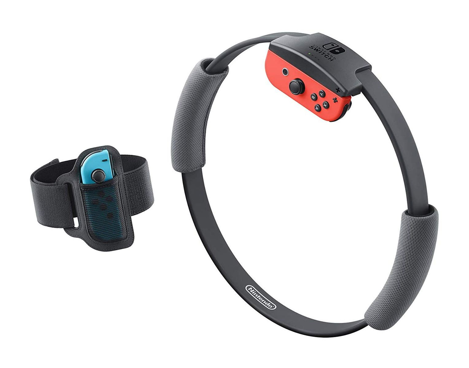Juego Ring Fit Adventure: Ring-Con y correa para la pierna, ambos con mandos de Nintendo Switch.