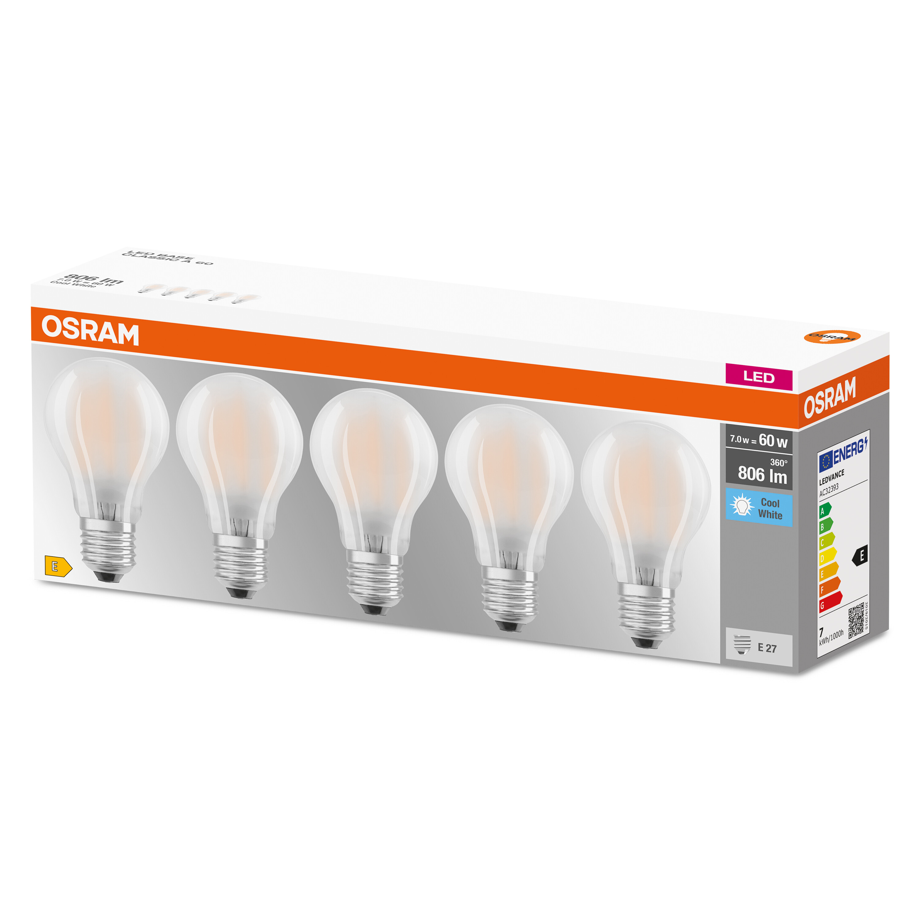 Eine Schachtel mit 5 Glühbirnen. Auf der Schachtel steht OSRAM und LED.