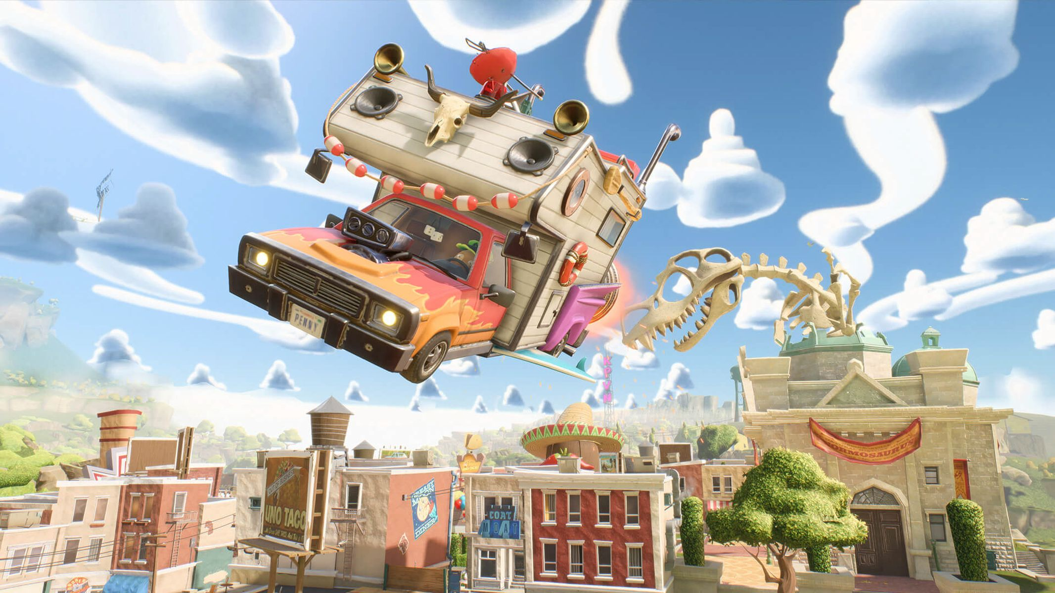 Ein farbenfroher, fliegender Truck mit Lautsprechern und einem Dinosaurierskelett über einer Stadt. Der Himmel ist blau mit Wolken.
