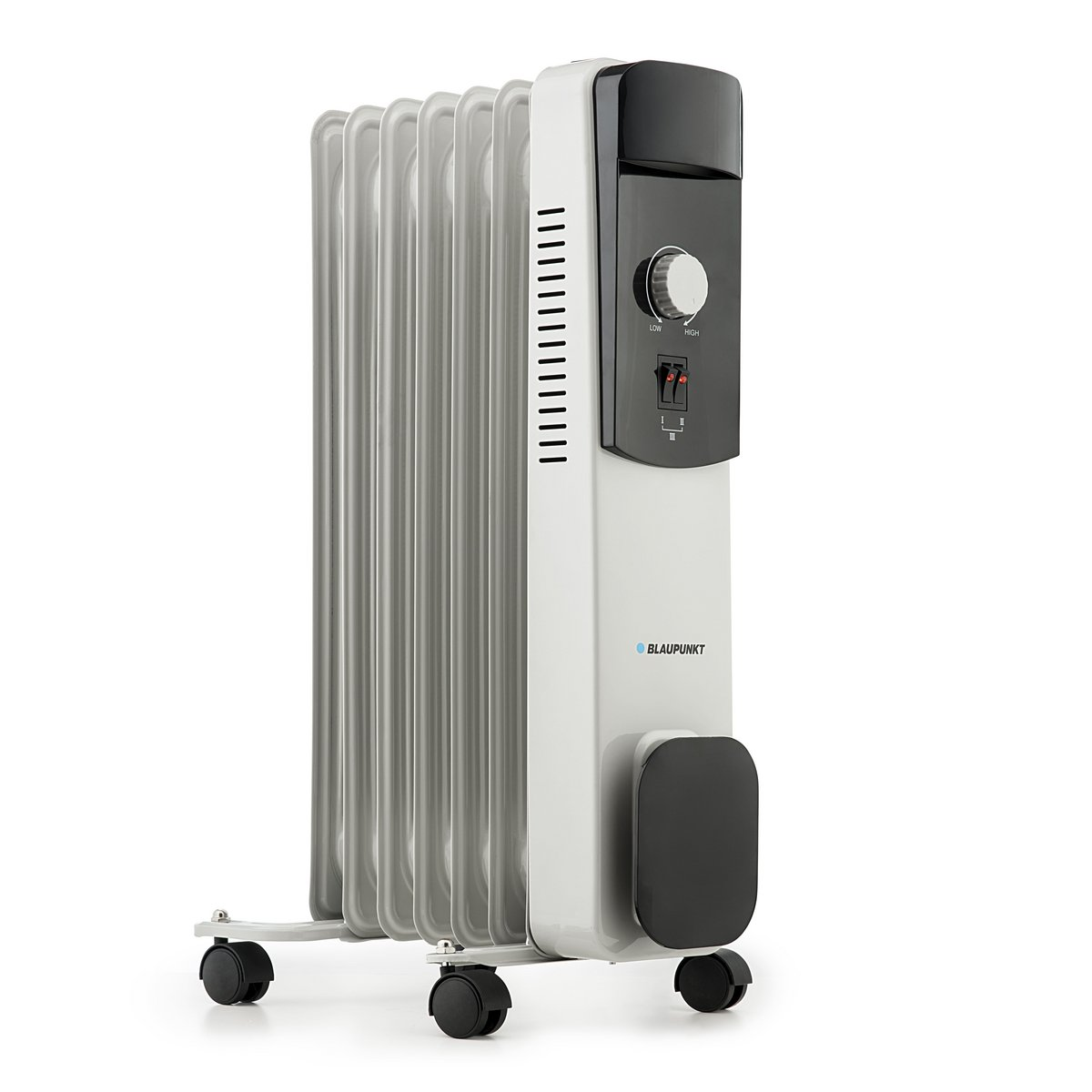 Weißer Ölradiator-Heizkörper mit schwarzem Bedienfeld und Rädern auf weißem Hintergrund.