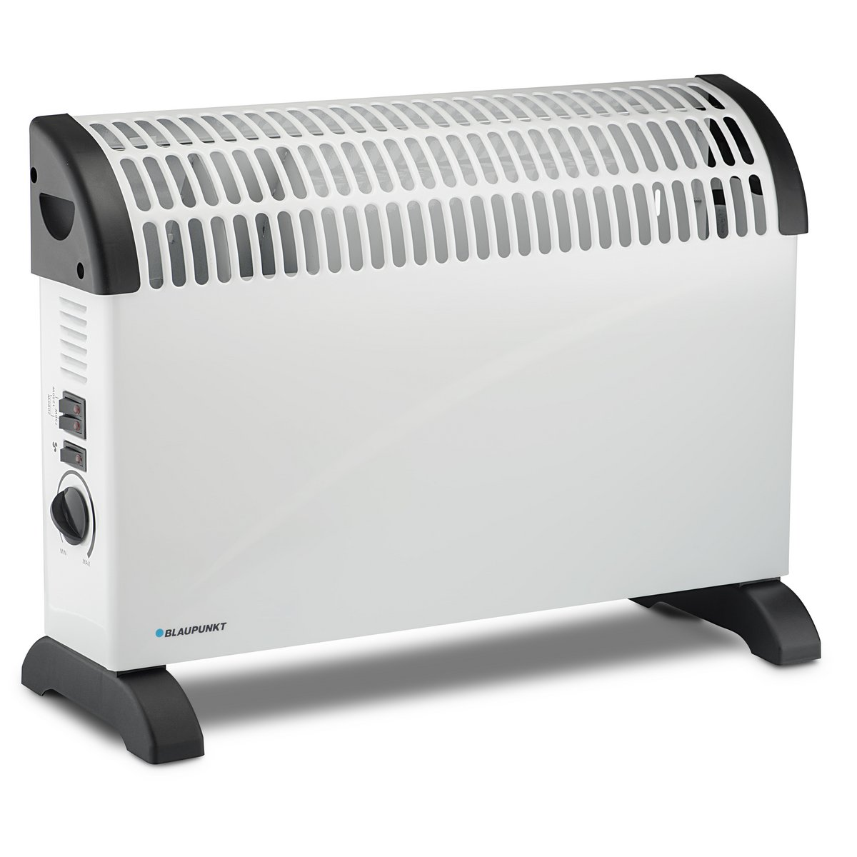 Un calefactor eléctrico blanco con detalles negros y el logotipo de Blaupunkt, sobre fondo blanco.