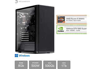 PC Gaming  - AMD Ryzen 5 5600G SEDATECH, AMD Ryzen 5 5600G 6x 3.9Ghz (max 4.4Ghz), 8 GB, 500 GB, 1000 GB, Geforce GTX1660 Super, Windows 11 Home ES, Negro