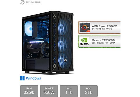 PC Gaming - SEDATECH AMD Ryzen 7 5700X, AMD Ryzen 7 5700X 8x 3.4Ghz (max 4.6Ghz), 32 GB RAM, 1000 GB SSD, Windows 11 Home (64 Bit), Windows 11 Home ES, Negro