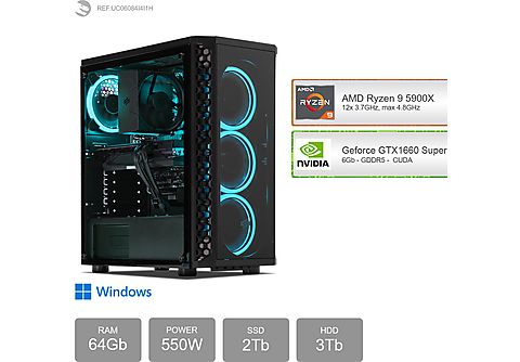 PC Gaming - SEDATECH AMD Ryzen 9 5900X, AMD Ryzen 9 5900X 12x 3.7Ghz (max 4.8Ghz), 64 GB RAM, 2000 GB SSD, Windows 11 Home (64 Bit), Windows 11 Home ES, Negro