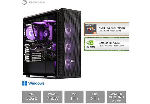 PC Gaming - SEDATECH AMD Ryzen 9 5950X con Watercooling, AMD Ryzen 9 5950X 16x 3.4Ghz (max 4.9Ghz), 32 GB RAM, 1000 GB SSD, Windows 11 Home (64 Bit), Windows 11 Home ES, Negro