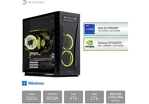 PC Gaming - SEDATECH Intel i9-12900KF con Watercooling, Intel i9-12900KF 16x 3.2Ghz (max 5.2Ghz), 32 GB RAM, 1000 GB SSD, Windows 11 Home (64 Bit), Windows 11 Home ES, Negro