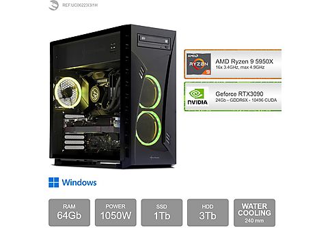 PC Gaming - SEDATECH AMD Ryzen 9 5950X con Watercooling, AMD Ryzen 9 5950X 16x 3.4Ghz (max 4.9Ghz), 64 GB RAM, 1000 GB SSD, Windows 11 Home (64 Bit), Windows 11 Home ES, Negro