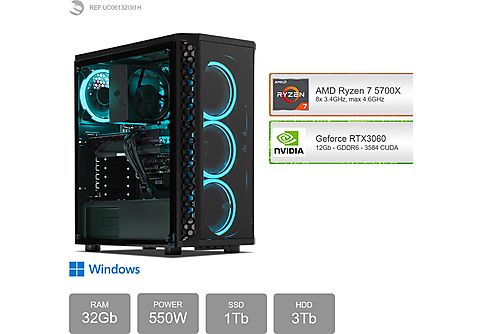 PC Gaming - SEDATECH AMD Ryzen 7 5700X, AMD Ryzen 7 5700X 8x 3.4Ghz (max 4.6Ghz), 32 GB RAM, 1000 GB SSD, Windows 11 Home (64 Bit), Windows 11 Home ES, Negro