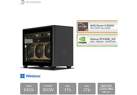 PC de sobremesa - SEDATECH AMD Ryzen 9 5900X con Watercooling, AMD Ryzen 9 5900X 12x 3.7Ghz (max 4.8Ghz), 64 GB RAM, 1000 GB SSD, Windows 11 Home (64 Bit), Windows 11 Home ES, Negro