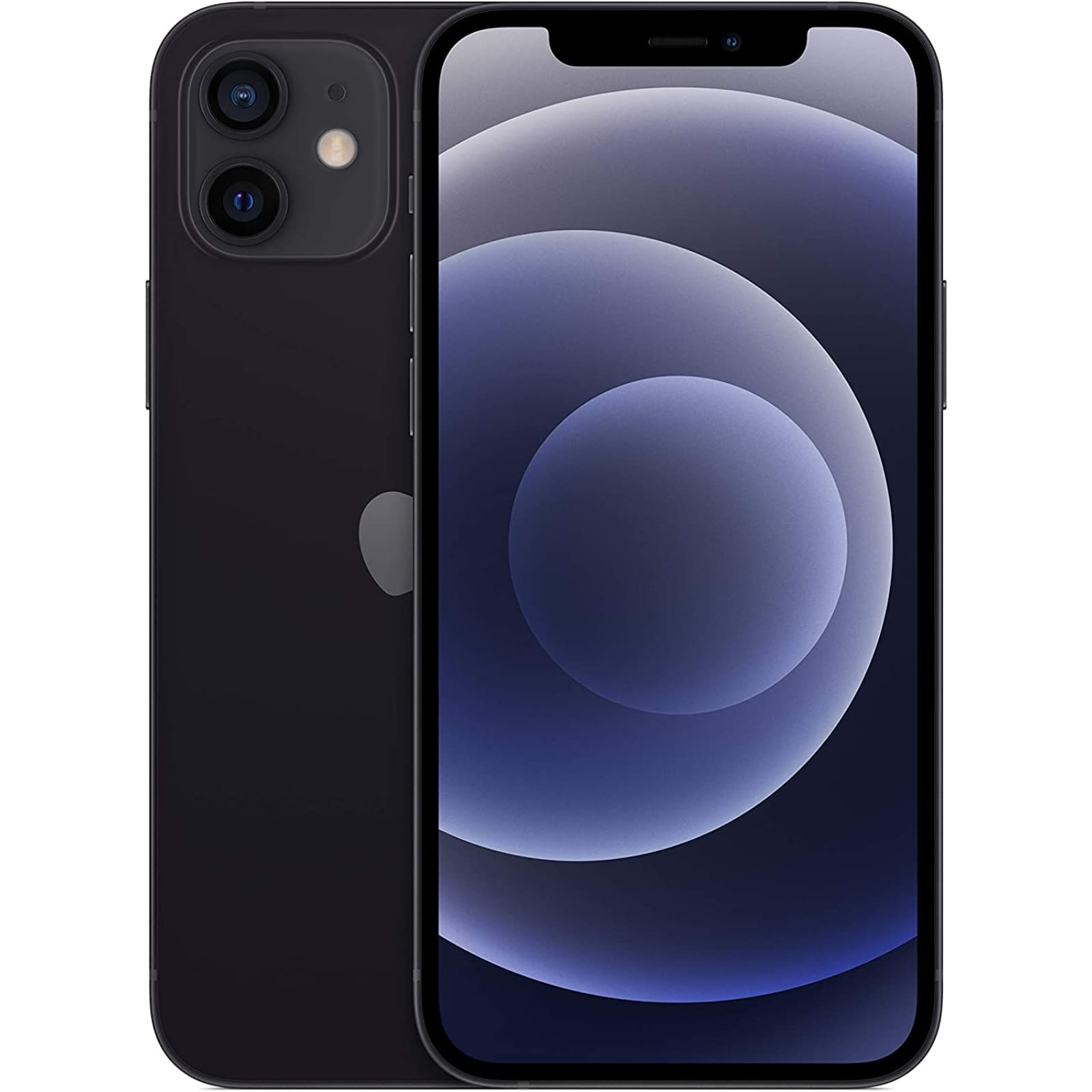 Czarny iPhone 12 z dwoma aparatami, widok z przodu i z tyłu.