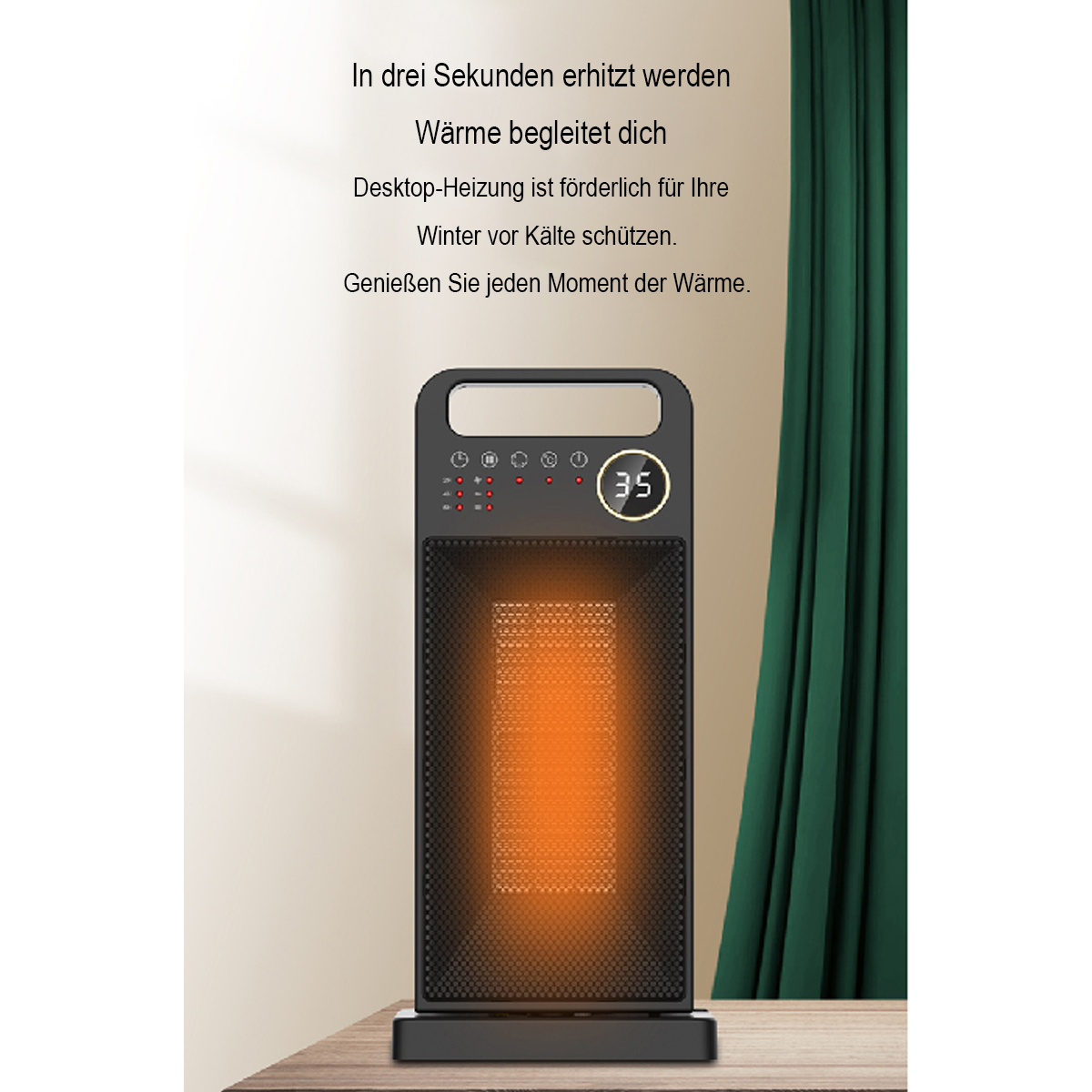 Calentador eléctrico negro sobre mesa de madera, con pantalla digital '35'. Texto en alemán.