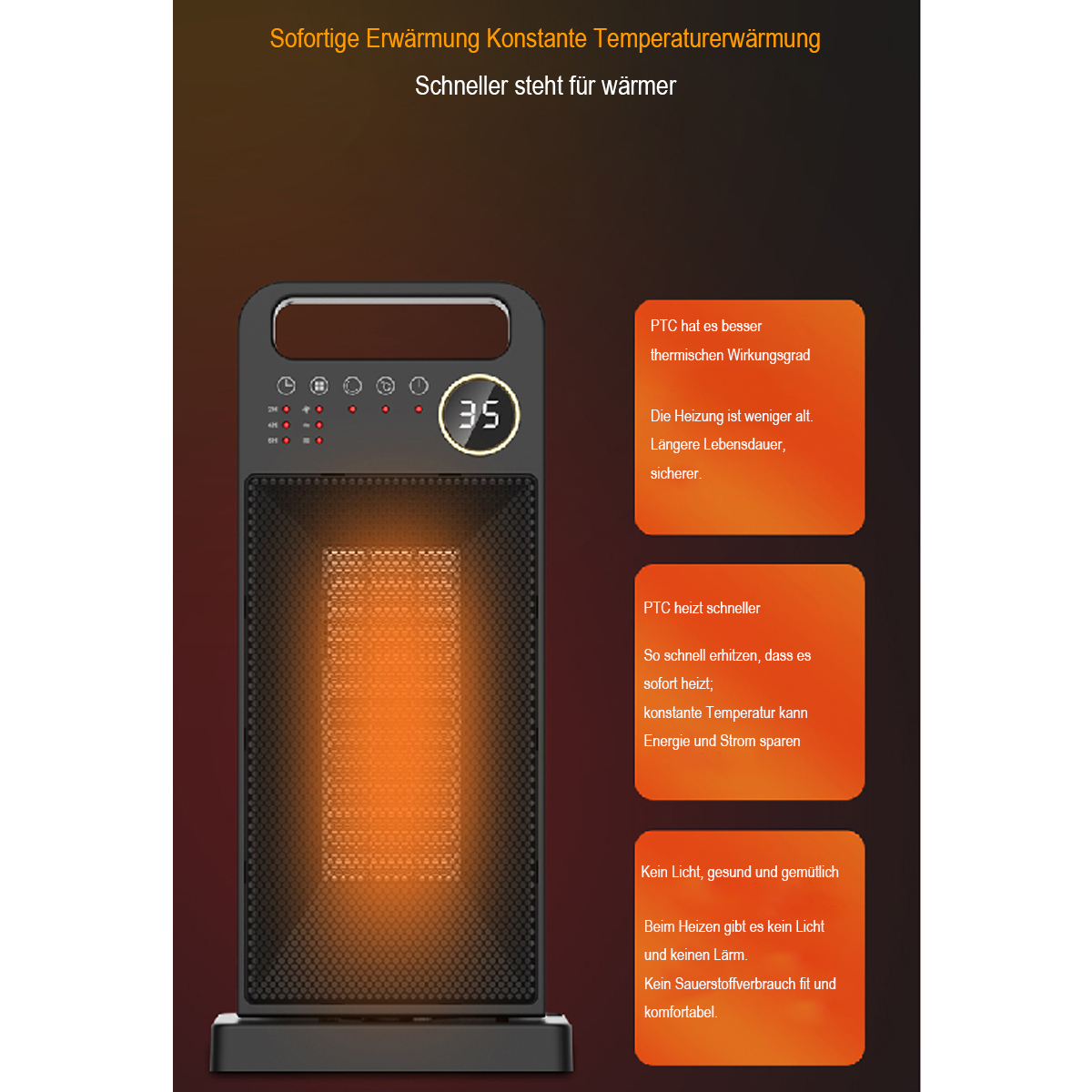 Un calefactor eléctrico con texto y gráficos, brillo naranja del elemento calefactor.