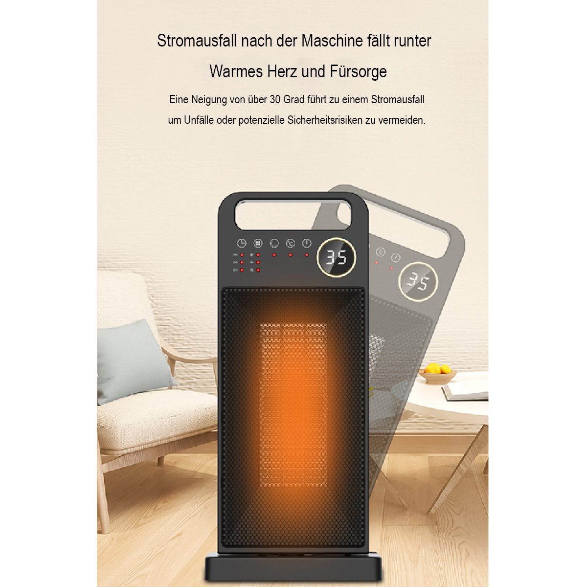 Calentador eléctrico negro y naranja con pantalla digital, sobre una base negra.