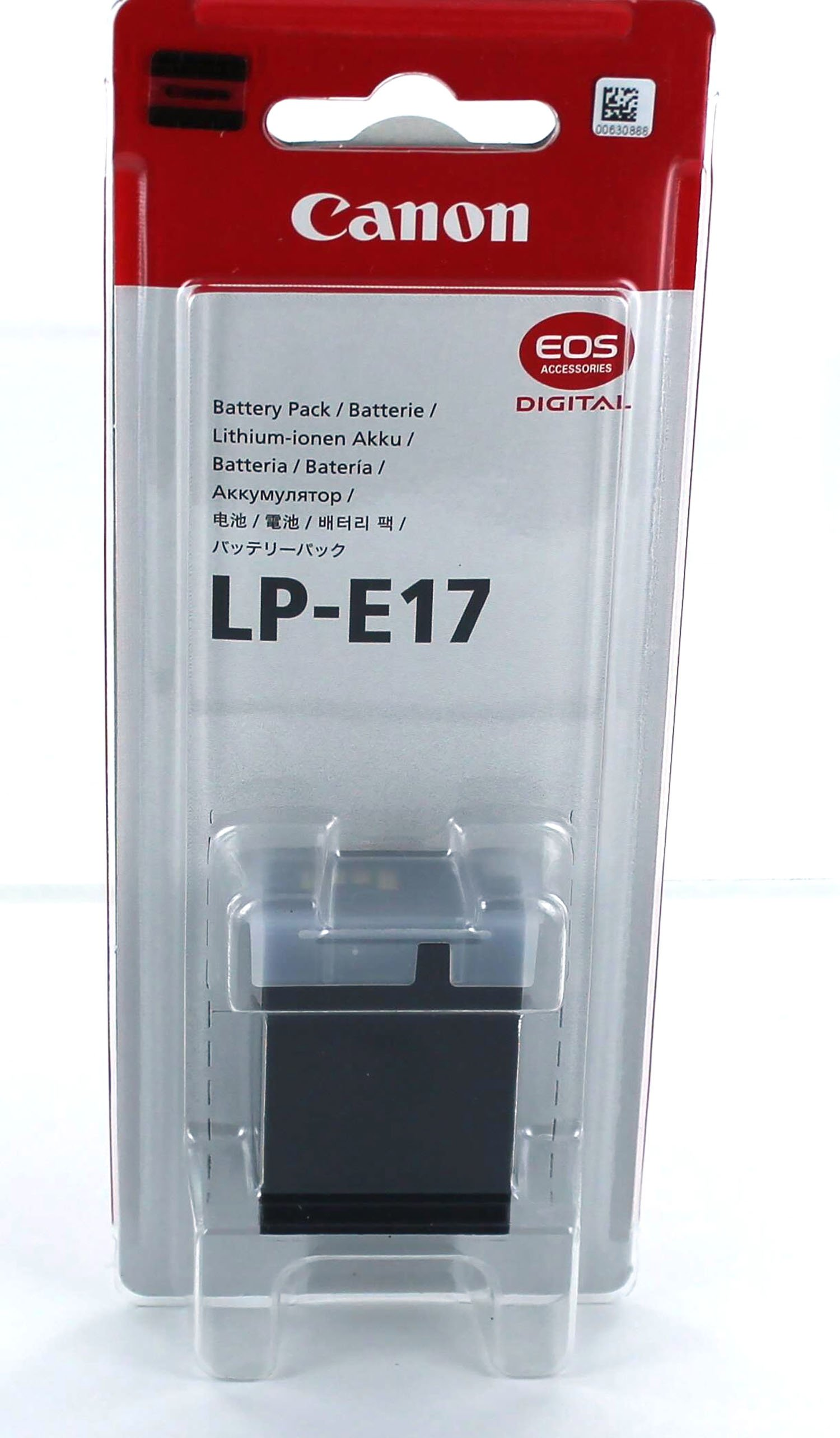 Canon LP-E17 Akku in Verpackung, auf weißem Hintergrund.