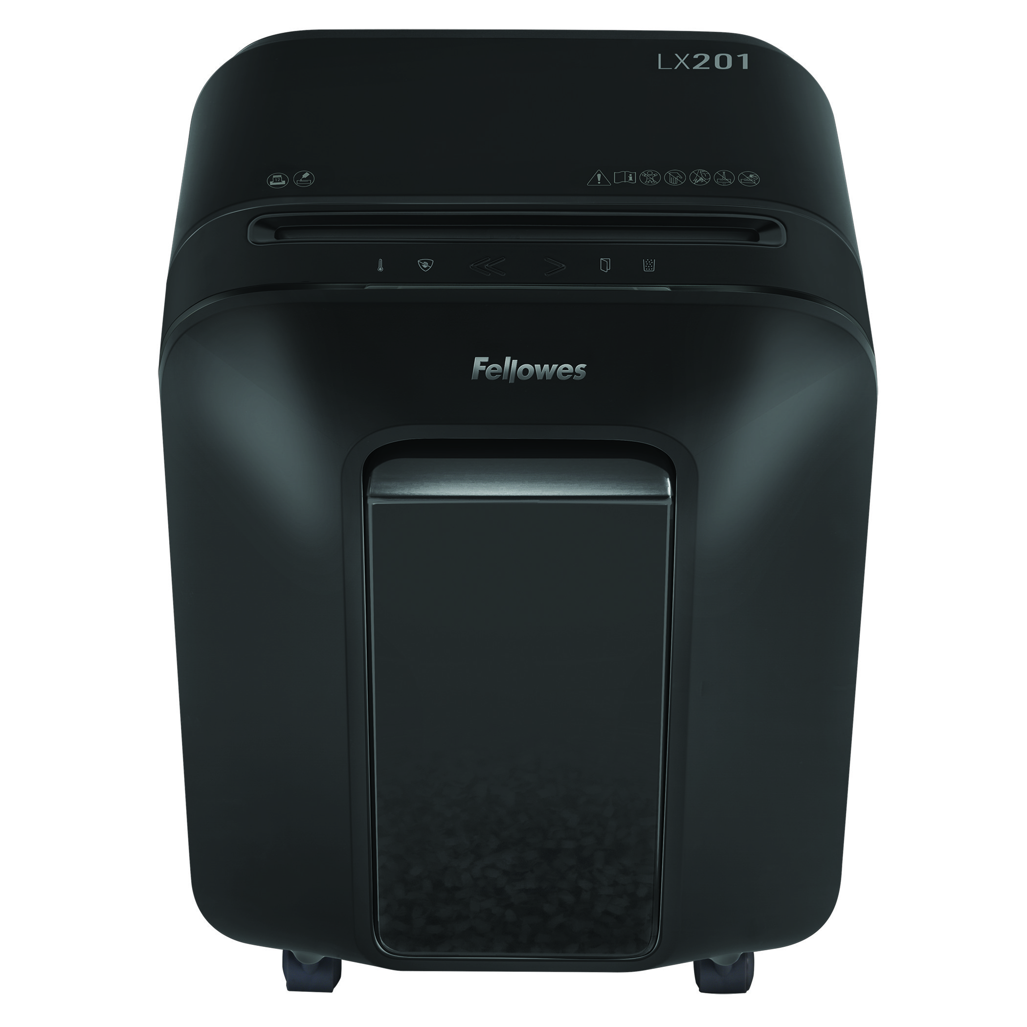 Schwarzer Fellowes LX201 Aktenvernichter mit sichtbarem Behälter. Die Vorderseite trägt das Fellowes-Logo und Warnsymbole.