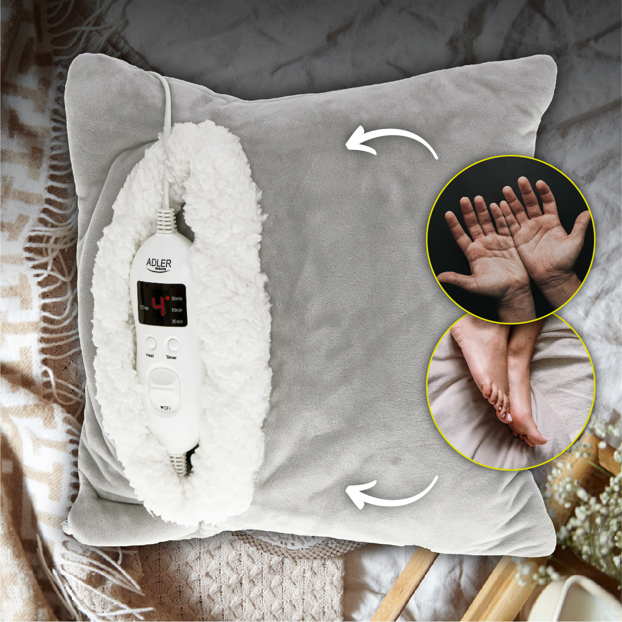 Szara poduszka grzewcza z kontrolerem i przykładami dłoni/stóp na łóżku.