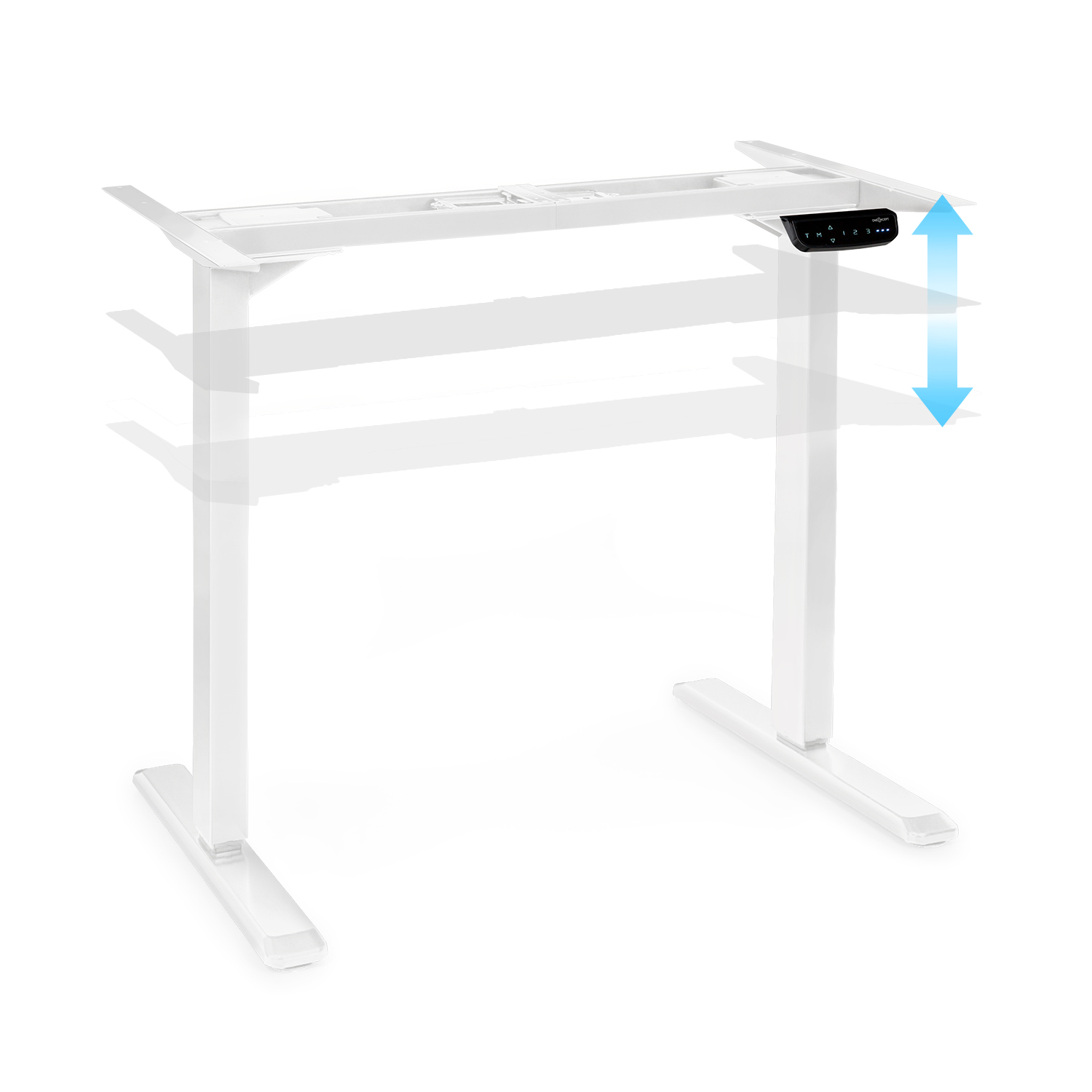 Weißes Stehpultgestell mit Höhenverstellpfeilen. Sauberes, modernes Design.