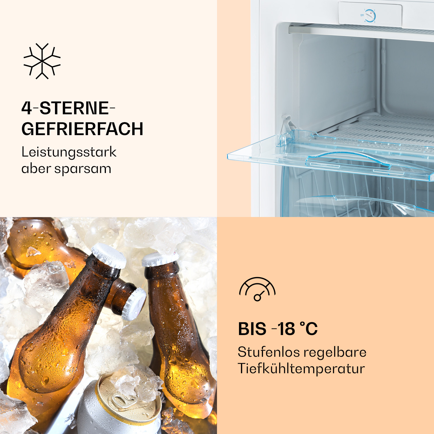 Frigorifero con bottiglie di birra nel ghiaccio e testo sulle sue caratteristiche.
