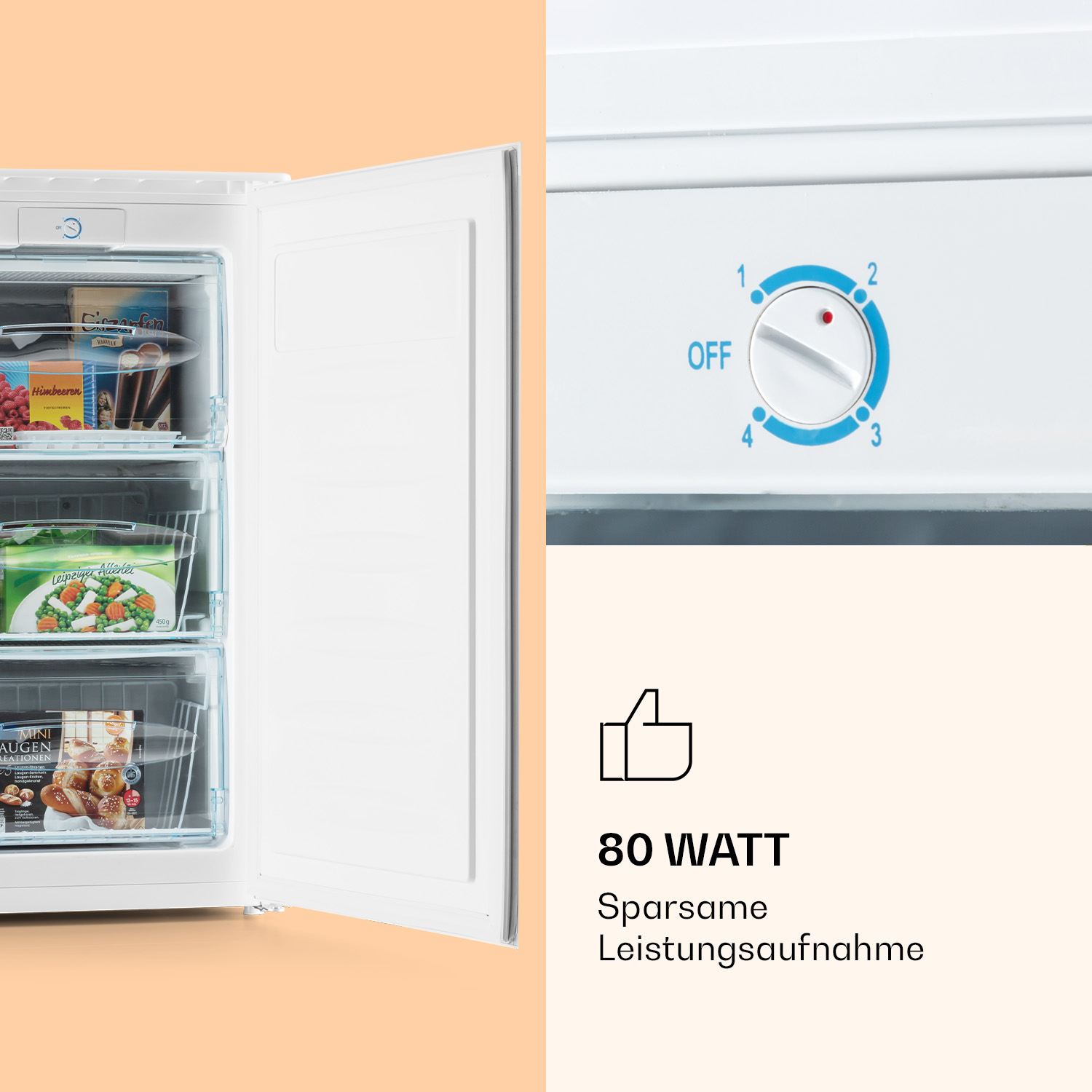 Un congelatore con la porta aperta, che mostra cassetti con cibo. Un quadrante della temperatura a destra.