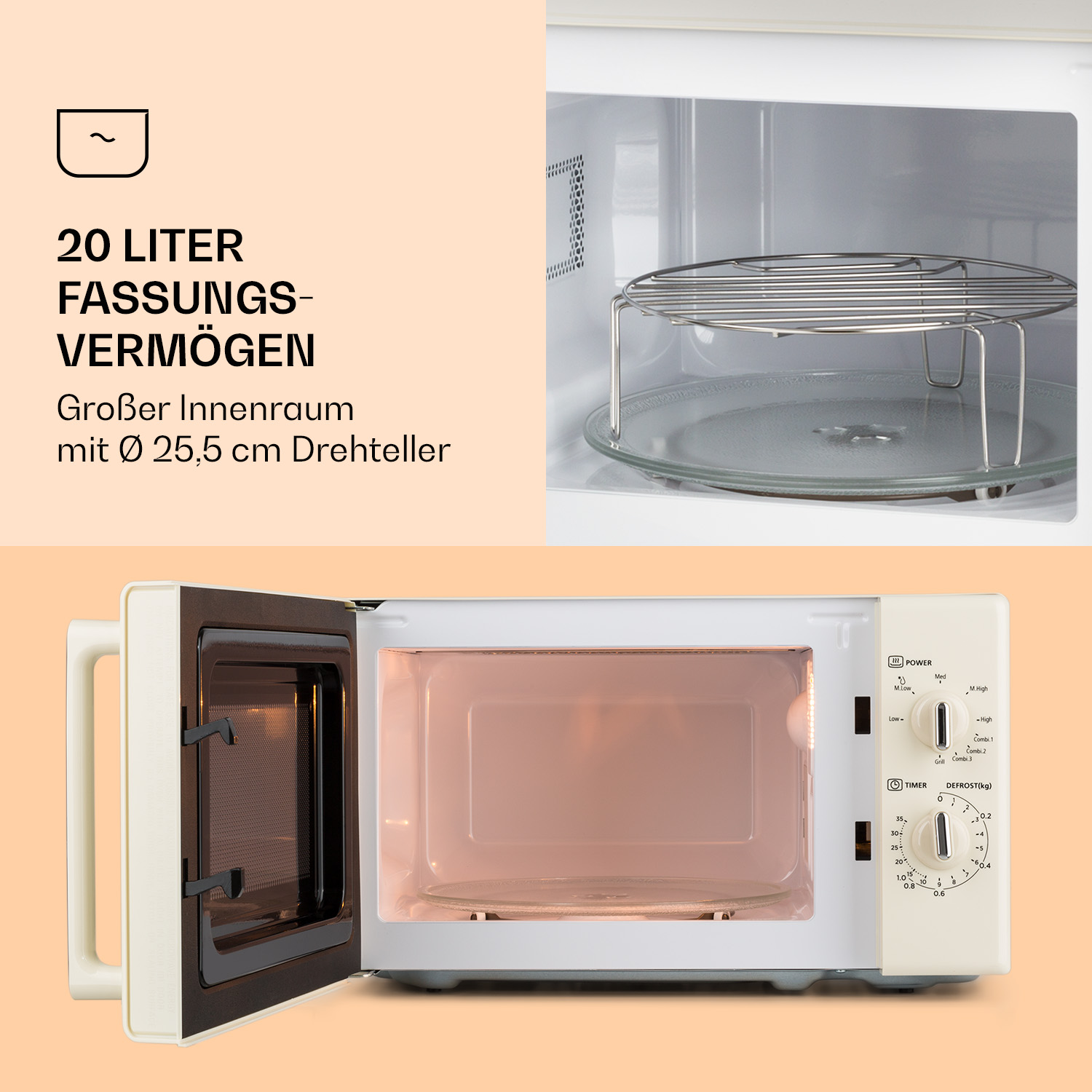 Eine weiße Mikrowelle mit offener Tür, die den Innenraum und das Bedienfeld zeigt.