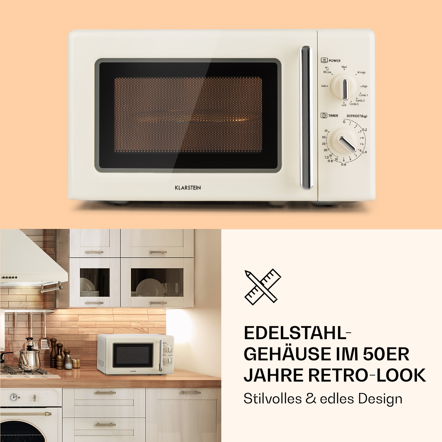 Ein beigefarbener Retro-Mikrowellenherd, mit Küchenhintergrund und Text.