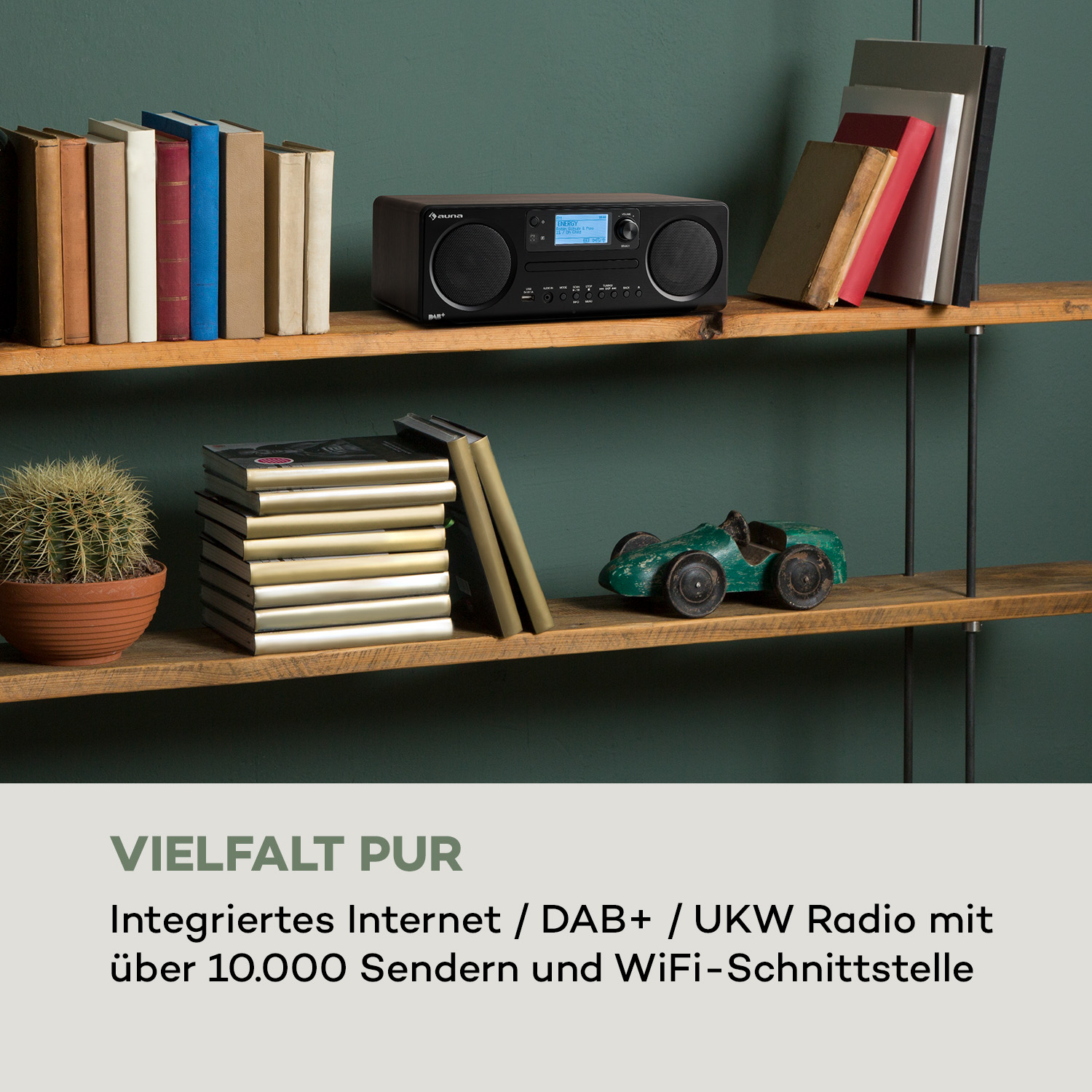 Holzradio mit Büchern, Spielzeugauto und Kaktus auf Regalen. Dunkelgrüne Wand.