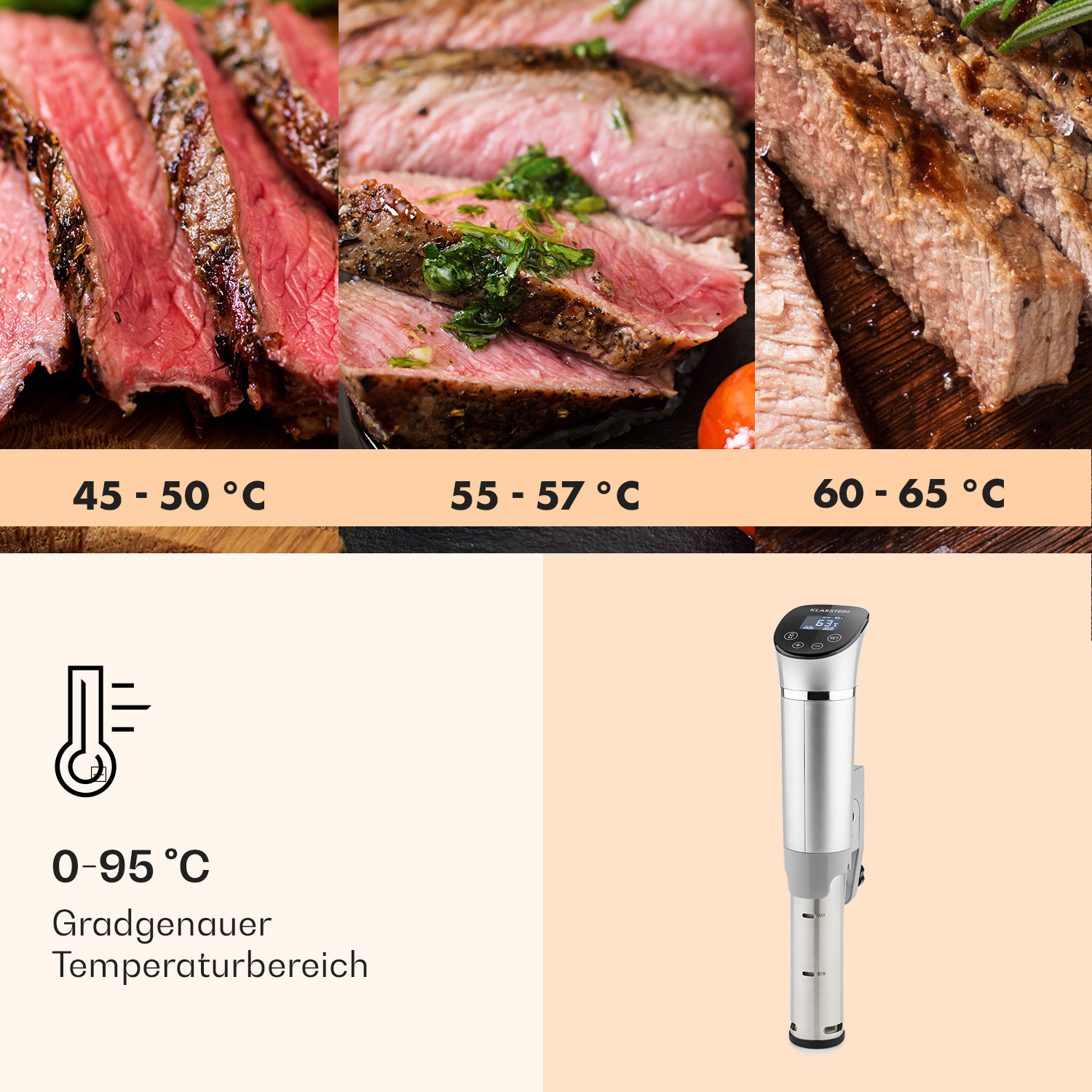 Tre bistecche con diverse temperature di cottura e una macchina sous vide.
