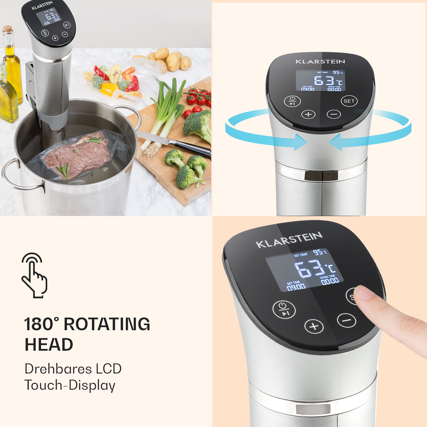 Un circolatore a immersione sous vide argento con display nero e pentola con cibo su un tavolo.