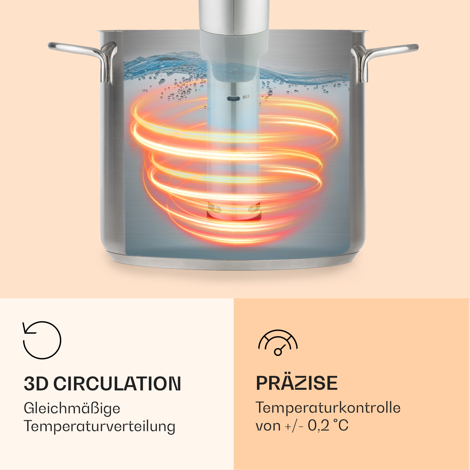 Pentola con un dispositivo di cottura che emette vortici arancioni. Il testo descrive il controllo della temperatura.