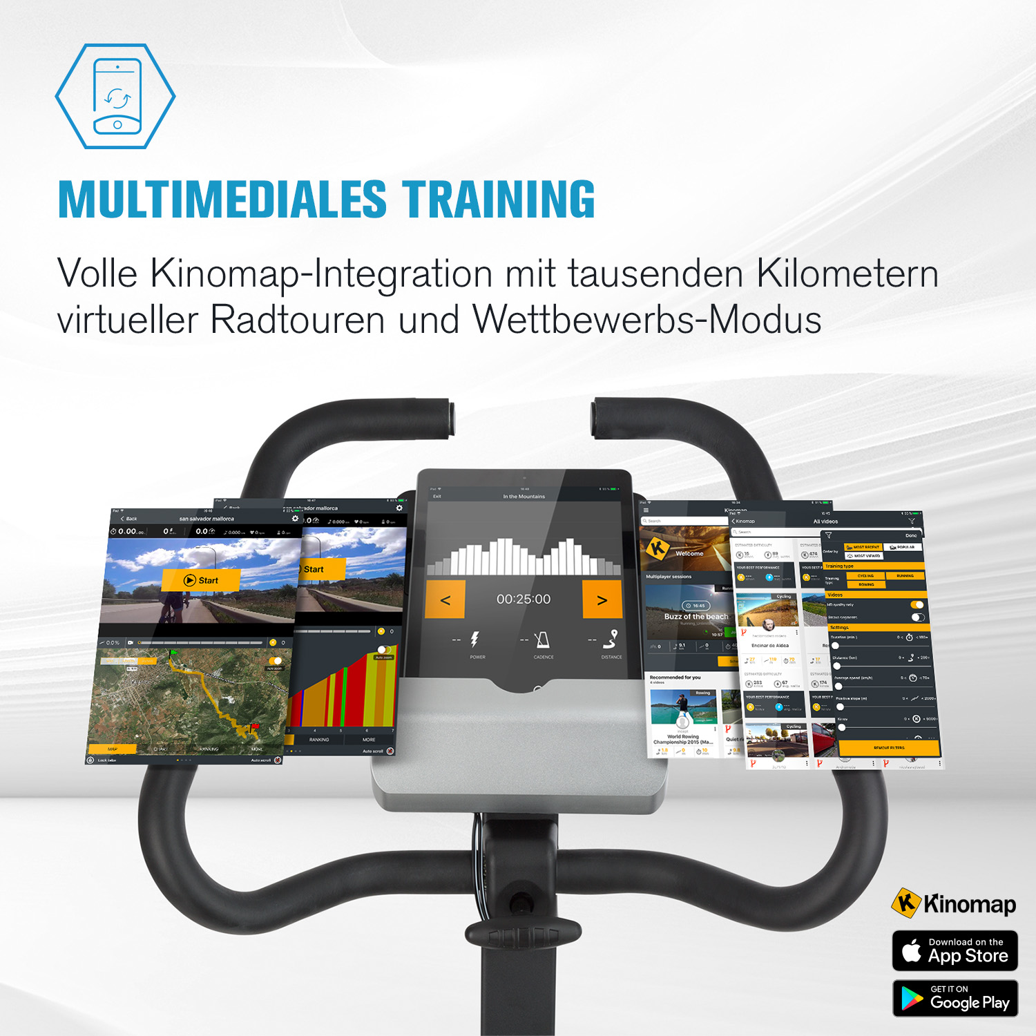 Heimtrainer mit mehreren Bildschirmen, die Trainingsdaten und virtuelle Touren anzeigen. Der Text lautet 'Multimediales Training'.