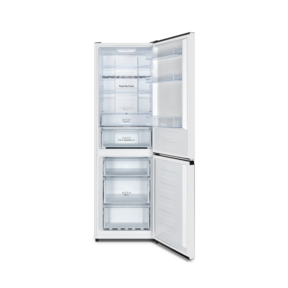 Refrigerador blanco con las puertas abiertas, mostrando estantes y cajones. Visible la función Total No Frost.