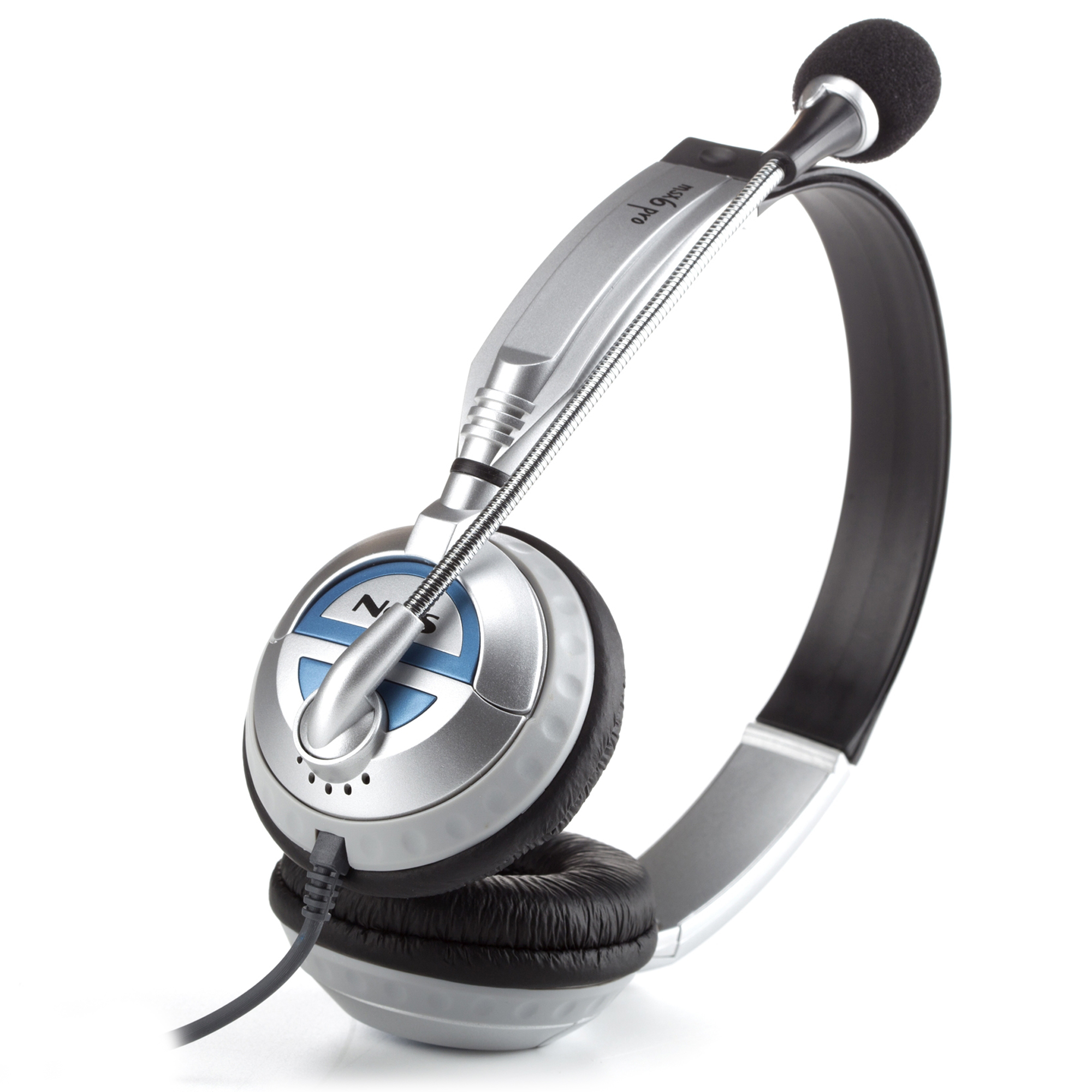 Auriculares plateados con micrófono. Los auriculares tienen auriculares negros y diadema plateada.