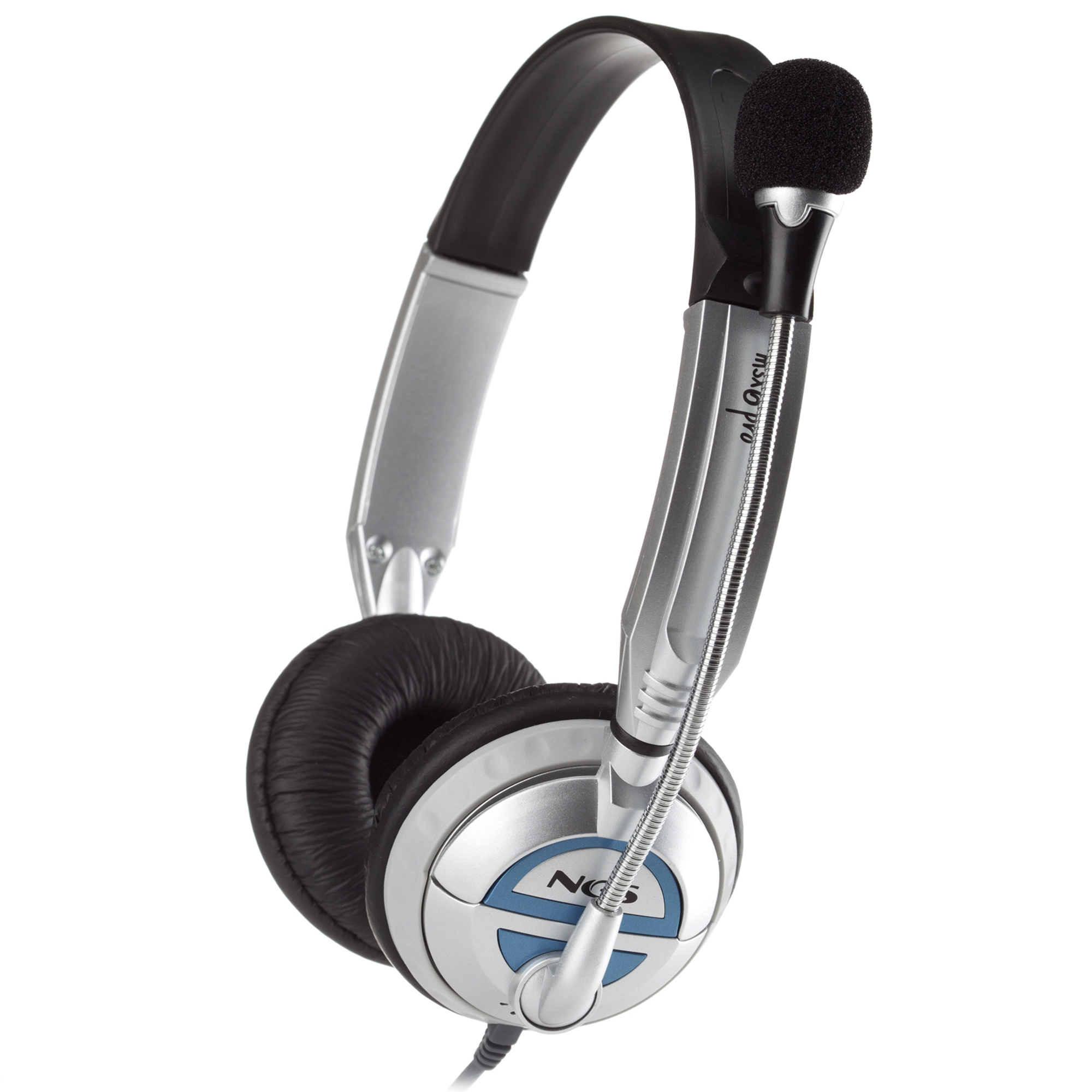 Auriculares plateados y negros con micrófono. La marca es 'NSHQ PRO'.