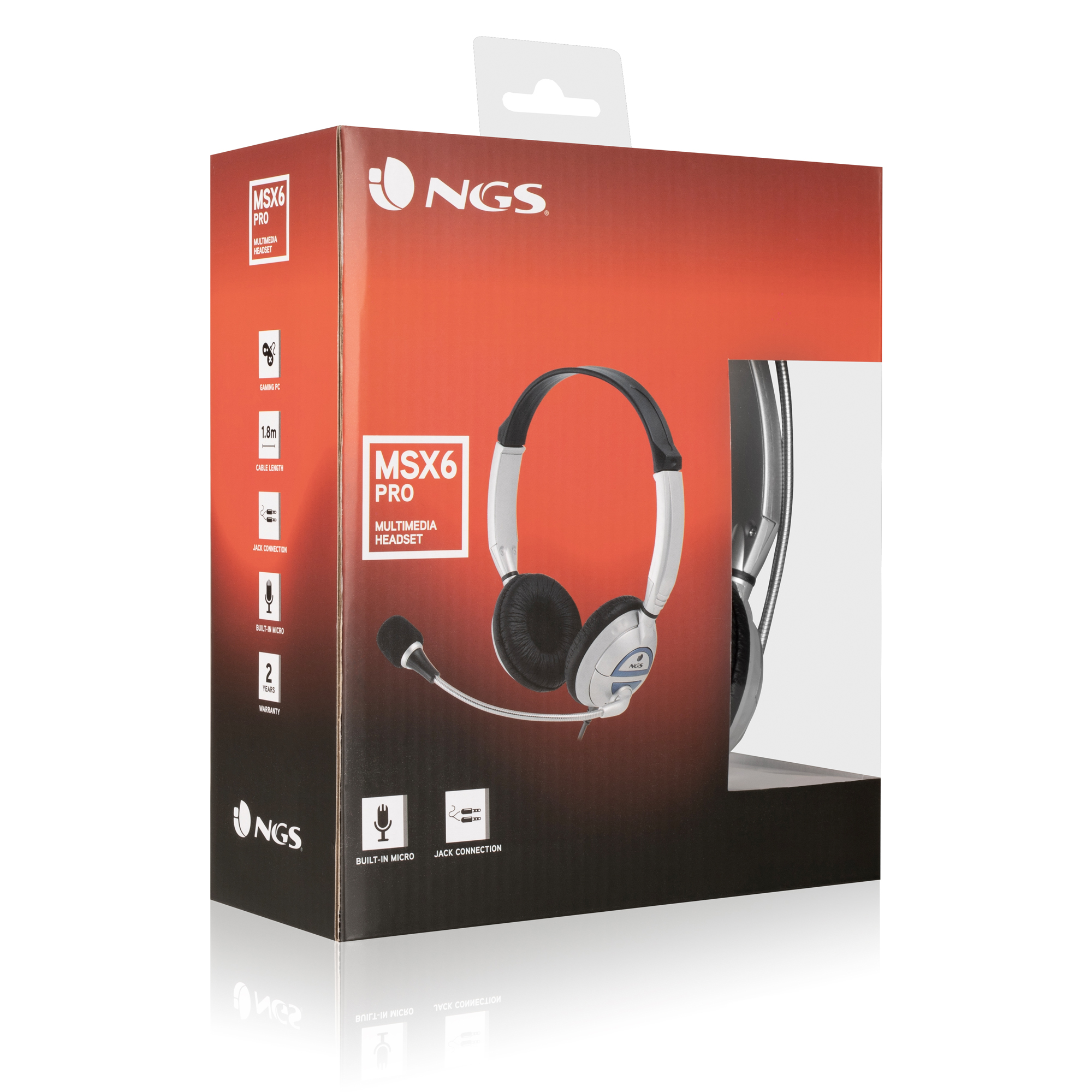 Auriculares con micrófono en caja, blancos y negros, con detalles del producto.