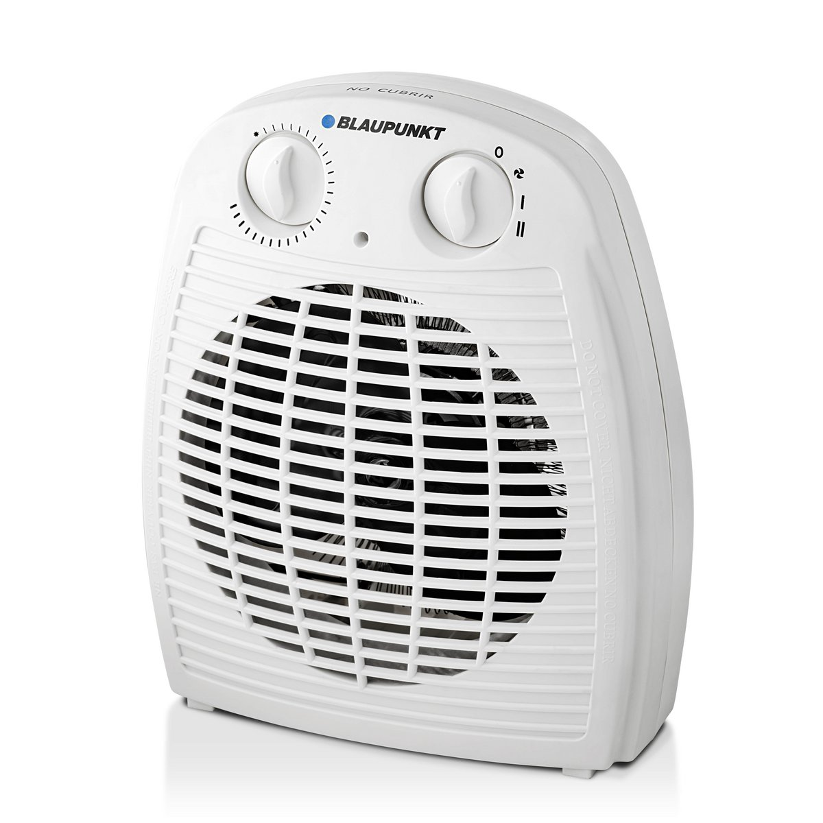 Termoventilatore Blaupunkt bianco con due manopole di controllo e griglia frontale, su superficie bianca.