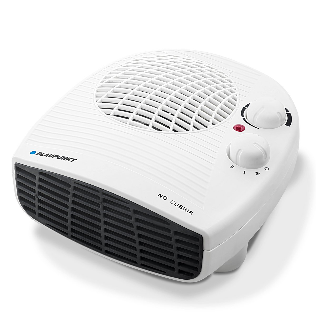 Un calentador eléctrico blanco con una rejilla negra. Tiene dos diales y una luz indicadora roja. La palabra 'NO CUBRIR' es visible.