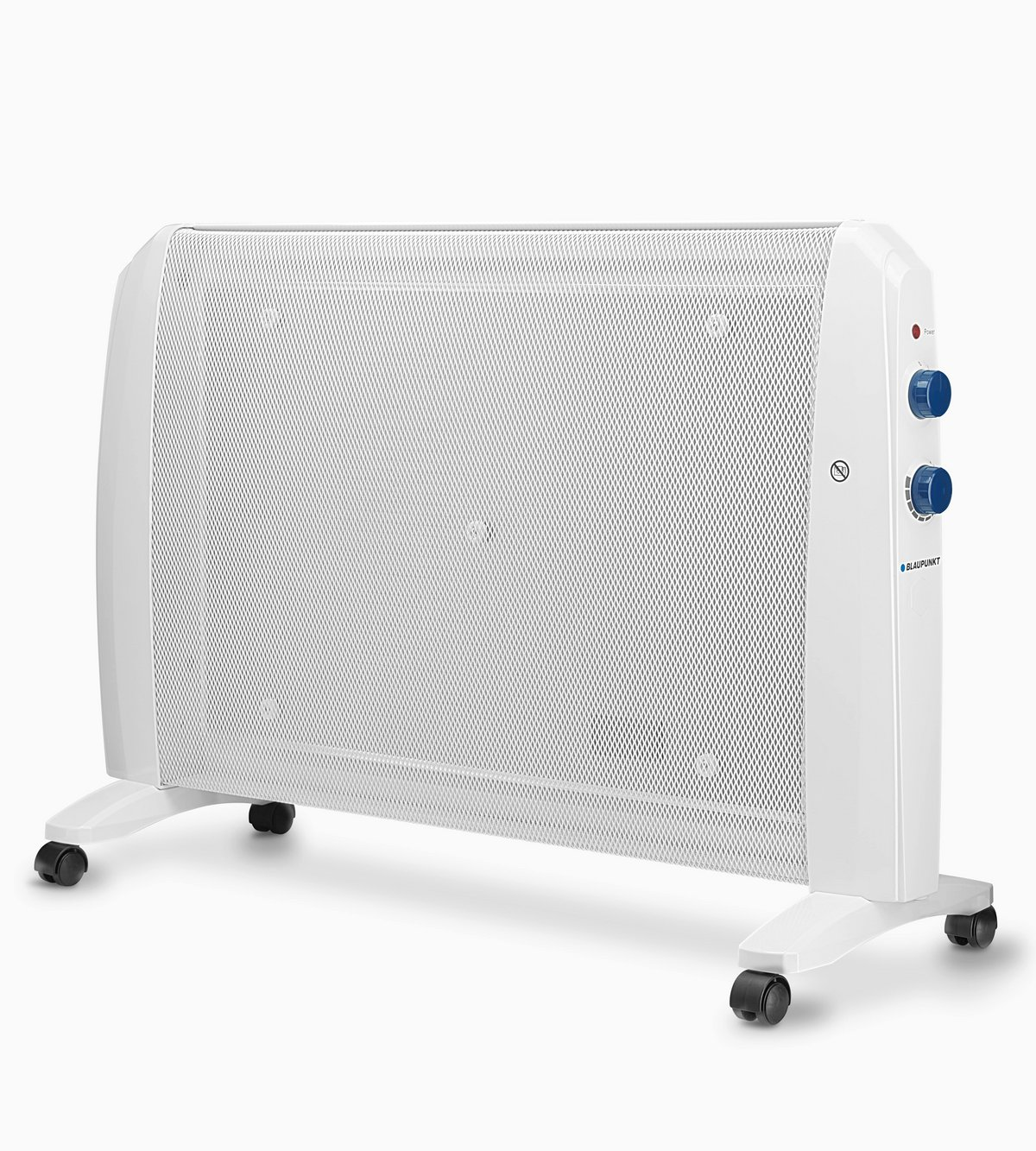 Termosifone elettrico bianco con manopole di controllo su ruote. Ha un frontale a rete e uno sfondo bianco.