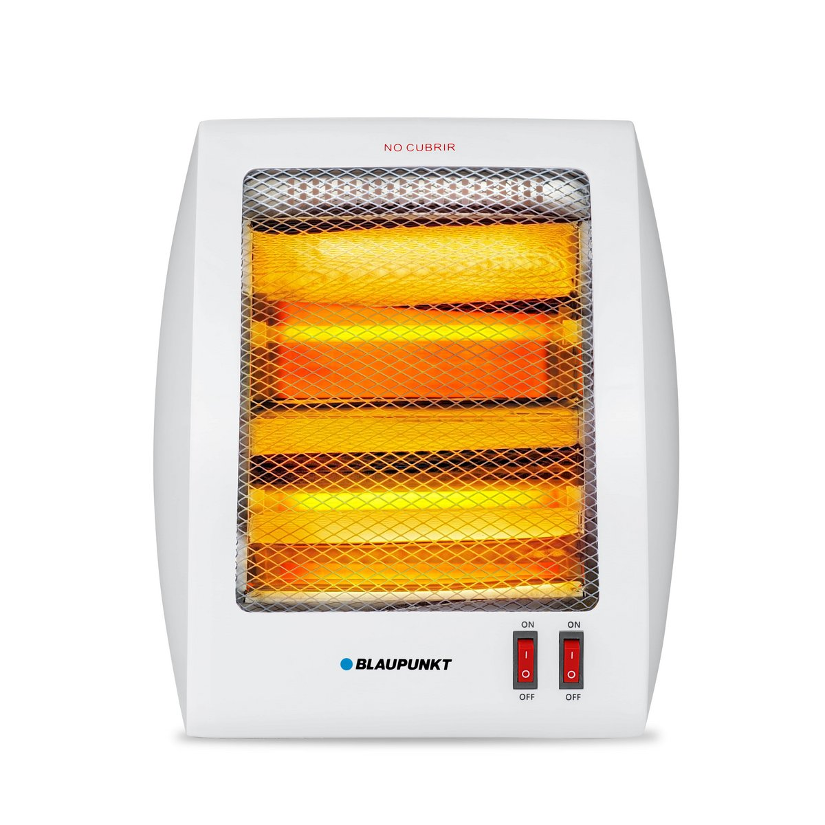 Calentador eléctrico blanco con elemento calefactor visible e interruptores rojo de encendido/apagado.