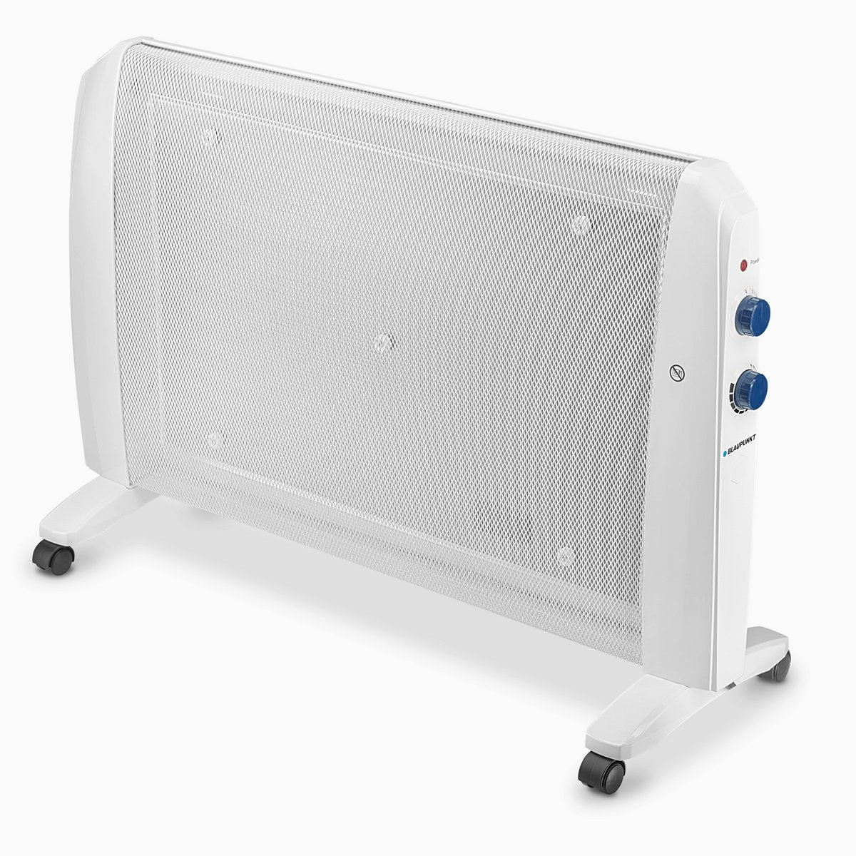 Termosifone elettrico bianco con manopole e ruote su sfondo bianco.