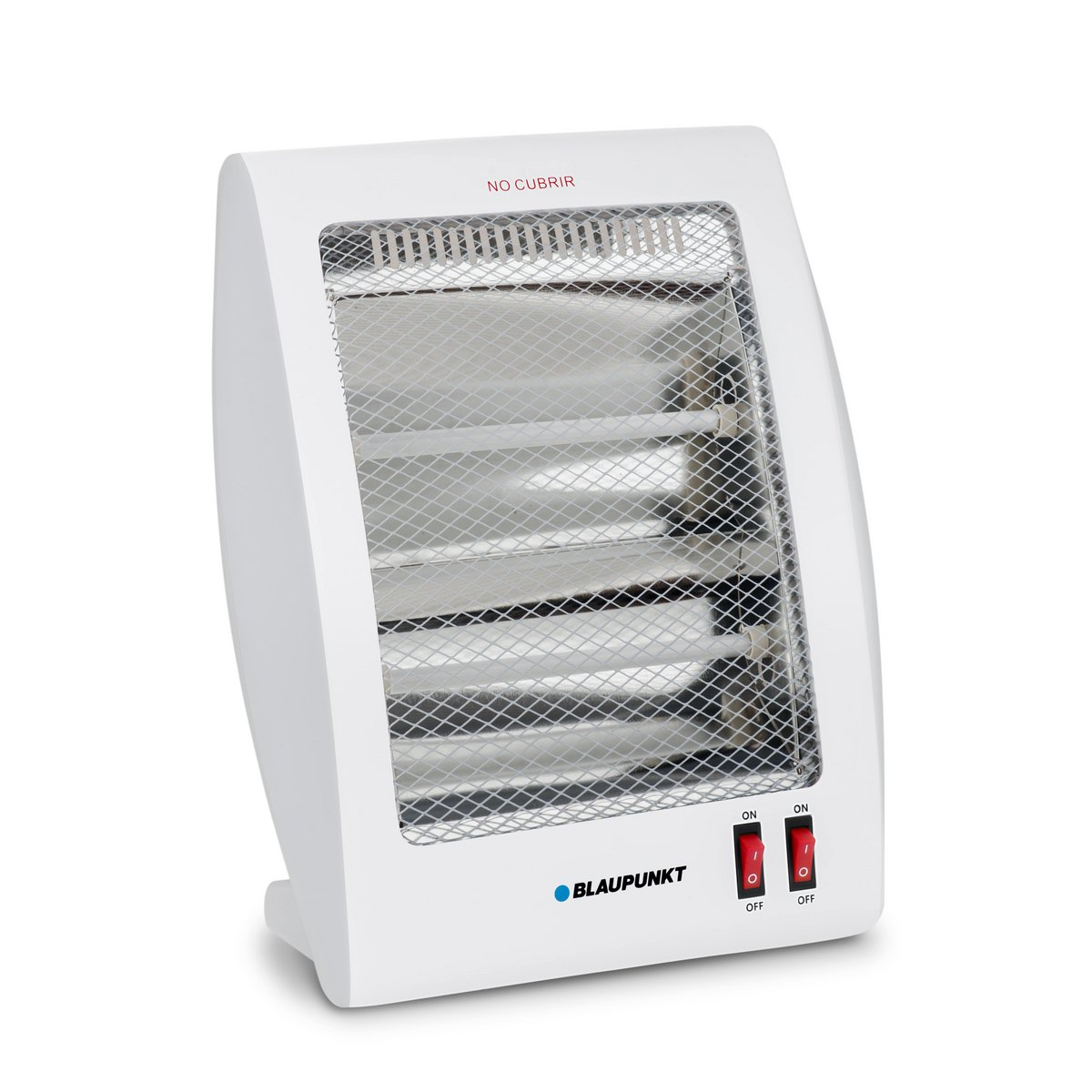 Un calefactor blanco Blaupunkt con dos interruptores rojo de encendido/apagado. Fondo blanco.