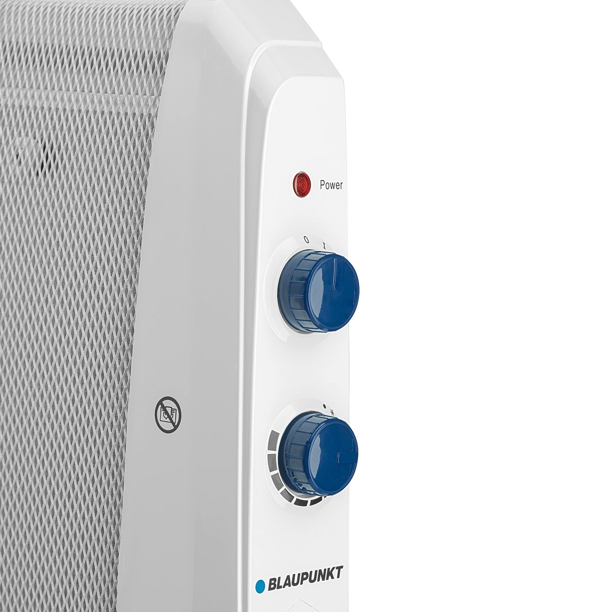 Termoventilatore bianco con manopole blu e spia rossa.