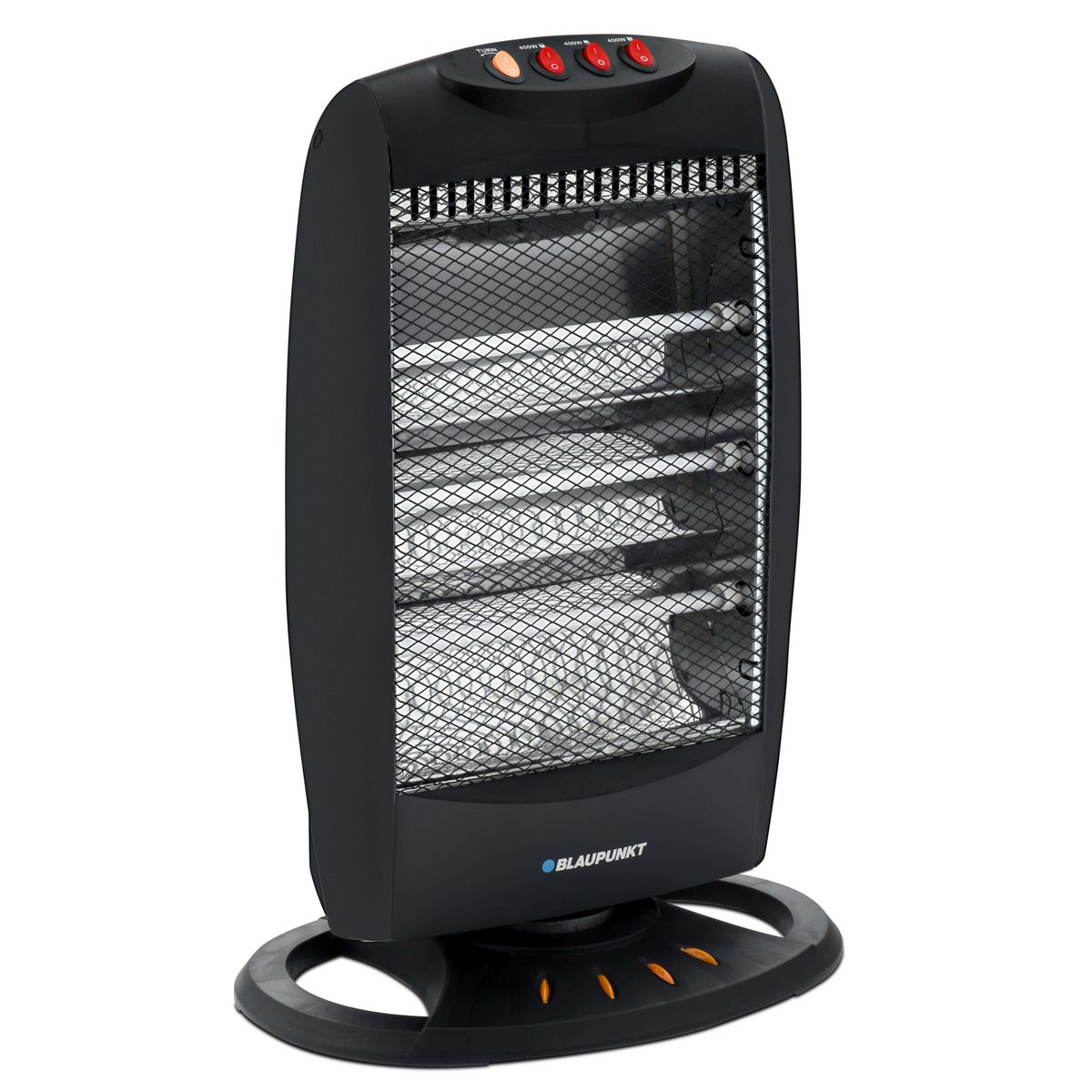 Calentador eléctrico negro con base y botones de control. Tiene una malla metálica y elementos calefactores visibles.