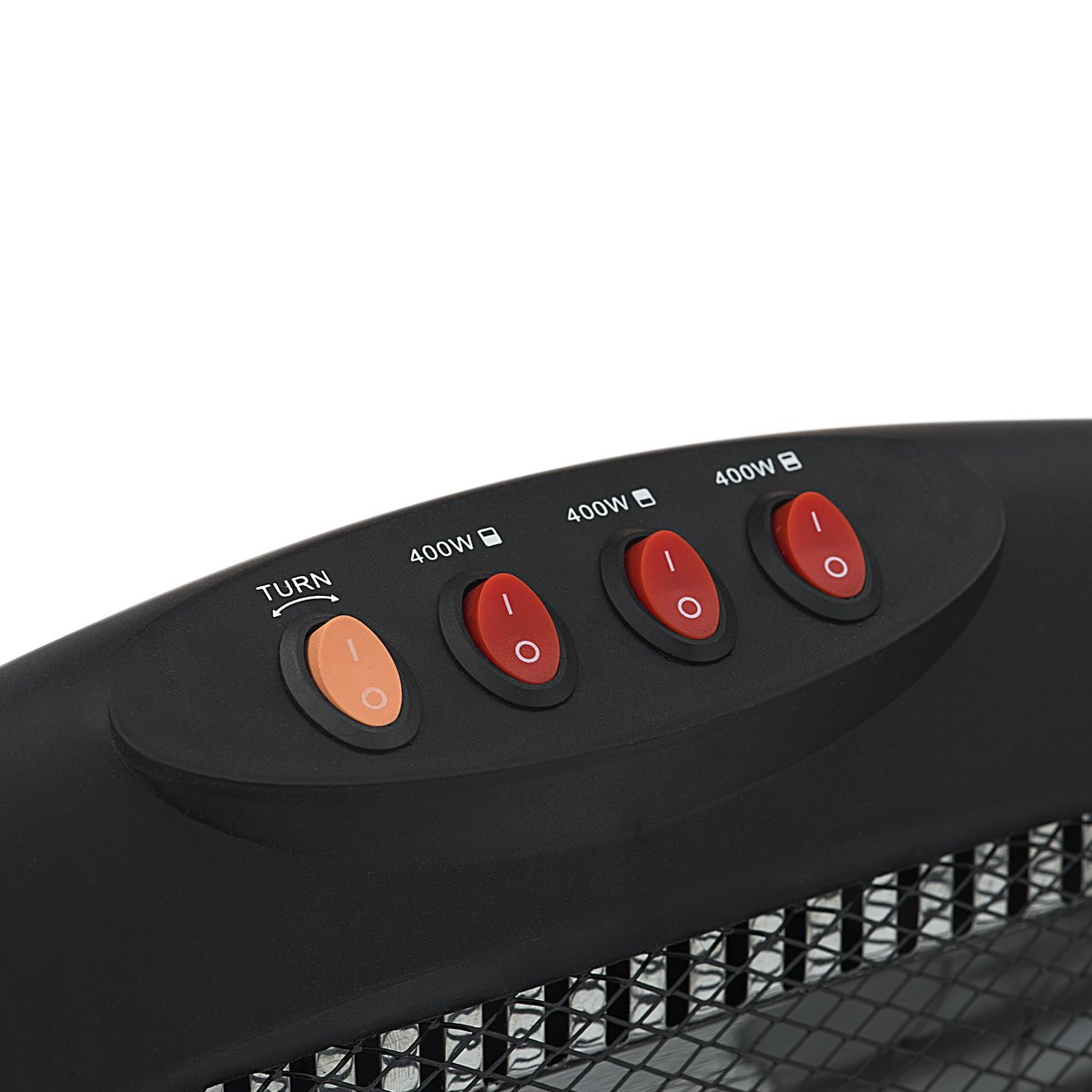 Primer plano de un panel de control del calentador con botones naranjas y rojos, superficie negra.
