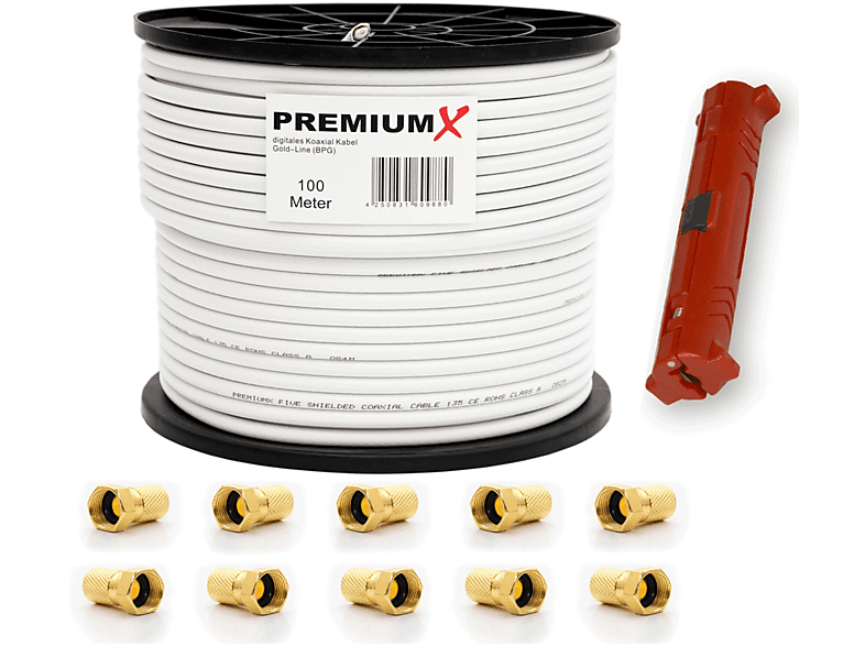 PREMIUMX 100m BASIC PRO Gold-Line Koaxial Kabel 135dB 5-Fach SAT Antennenkabel 10x F-Stecker Abisolierer Antennenkabel