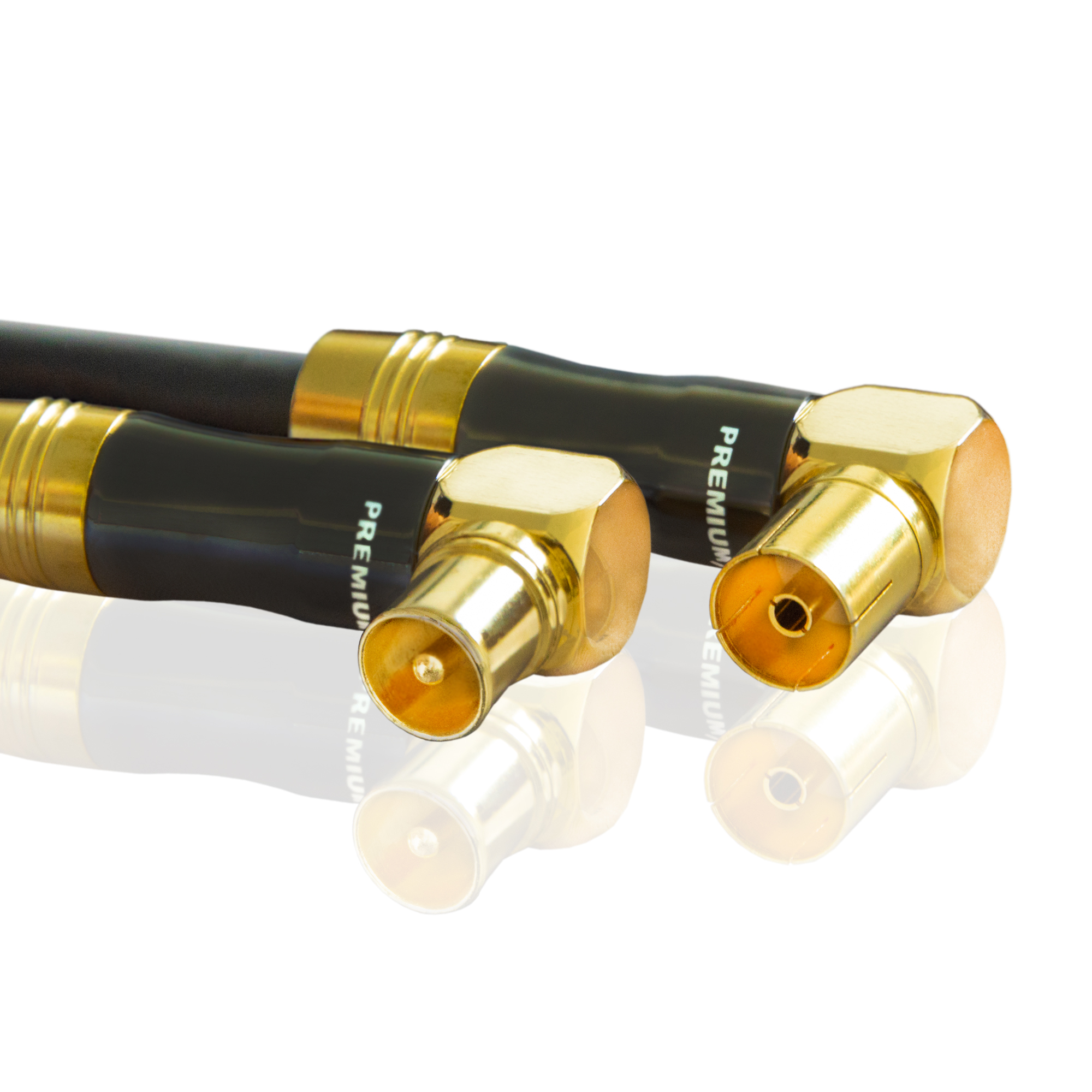 Zwei schwarze Kabel mit goldenen Steckern. Weißer Hintergrund.